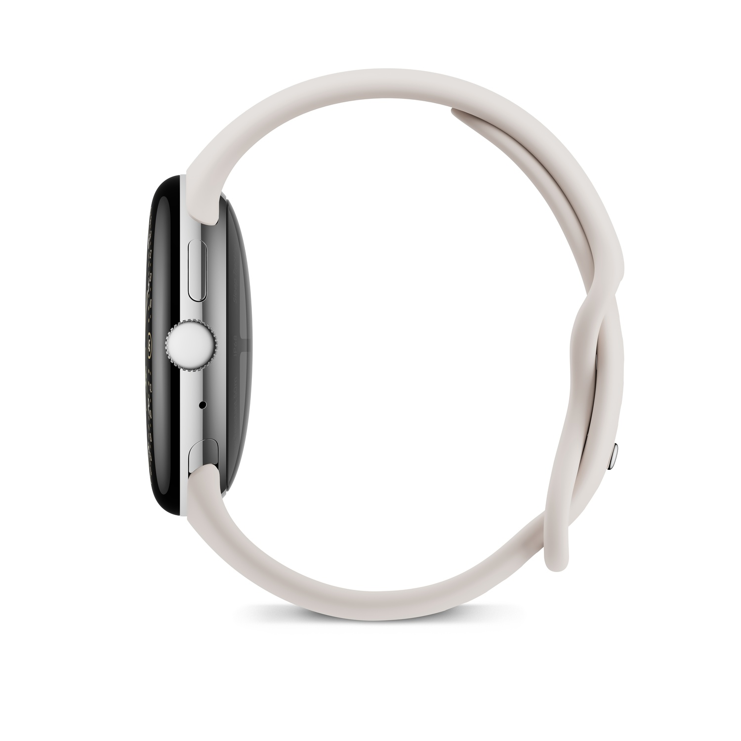 Une Apple Watch argentée avec un bracelet blanc. Le cadran est noir, et le bracelet est incurvé. L'image est sur fond blanc.