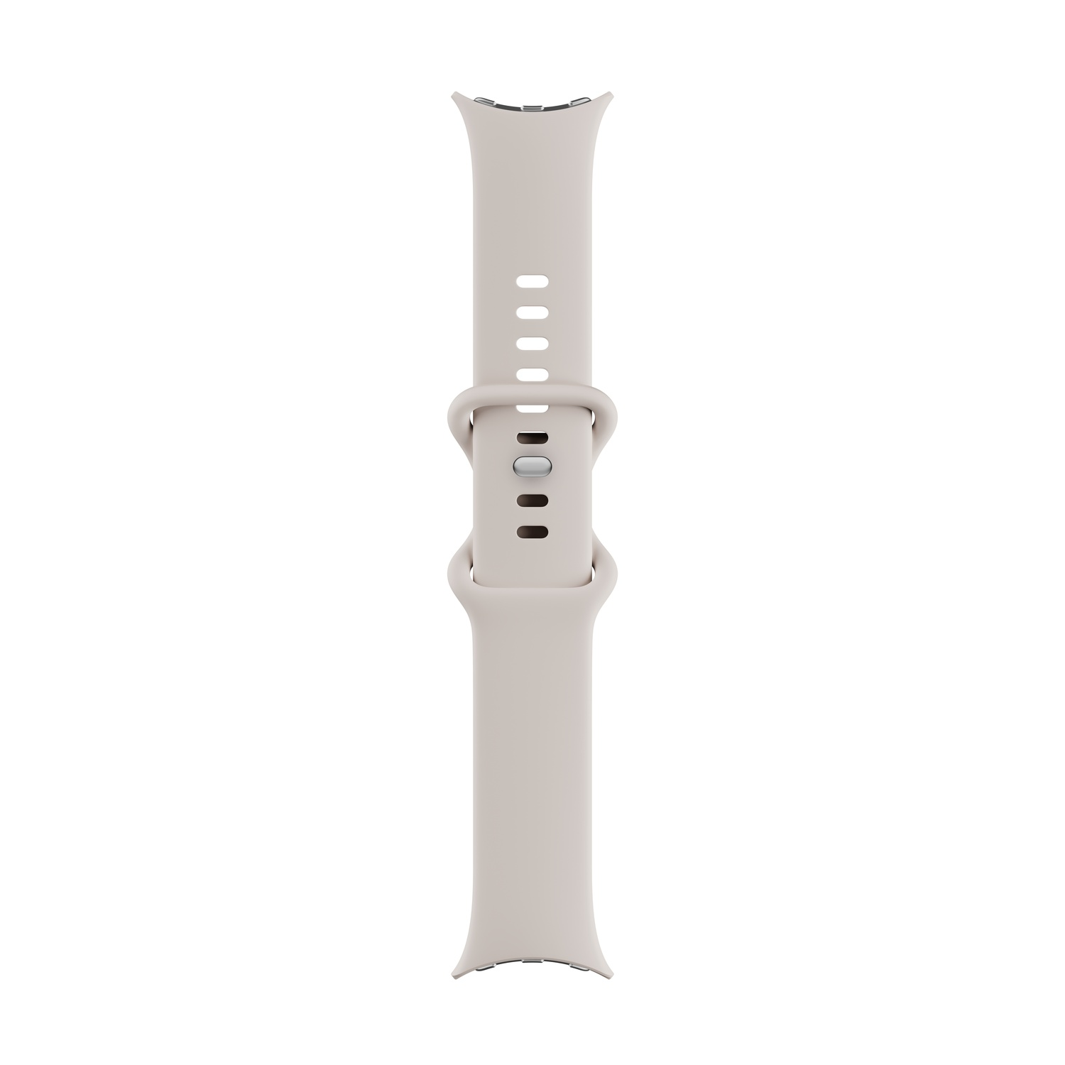 Un bracelet de montre beige clair sur fond blanc. Il possède des trous de réglage et un fermoir. Le bracelet est simple et moderne.