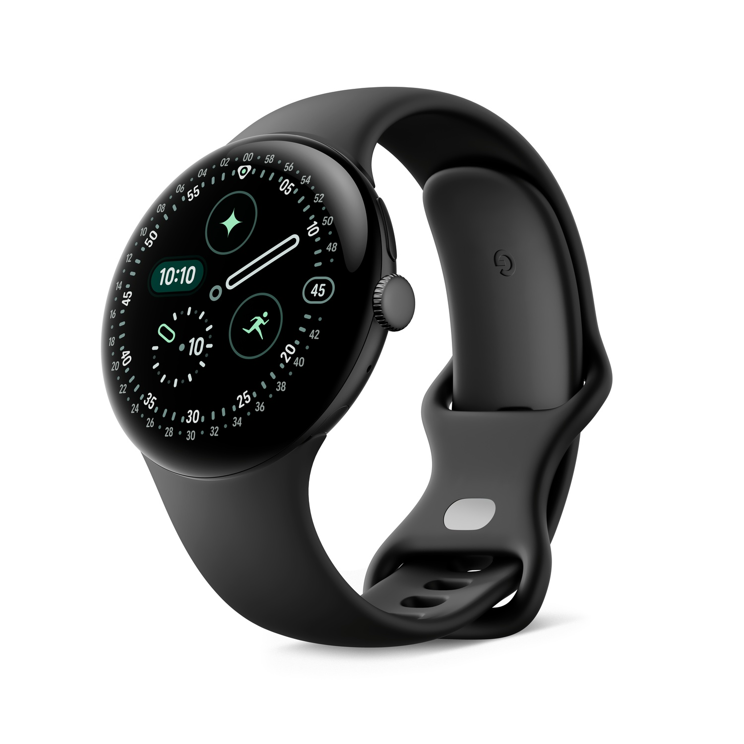 A black smartwatch displays the time 10:10. It has a round face, a black strap, and a button. The watch is on a white background.