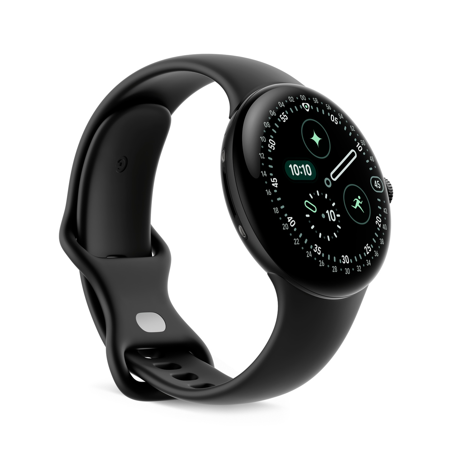 A black smartwatch with a curved design is displayed. The watch face shows the time 10:10. The background is white.