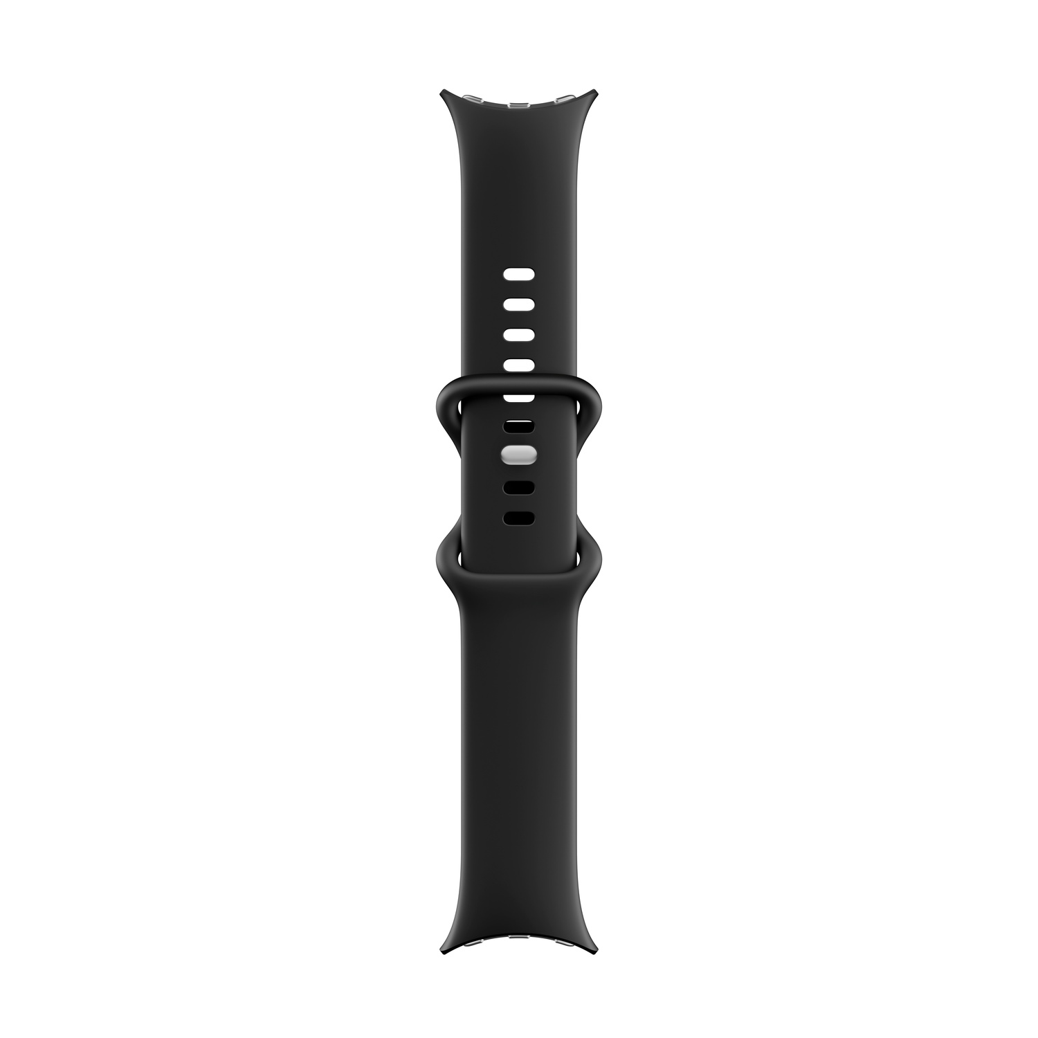 A black watch strap is centered on a white background. It has a curved shape, with holes and a buckle for adjustment.