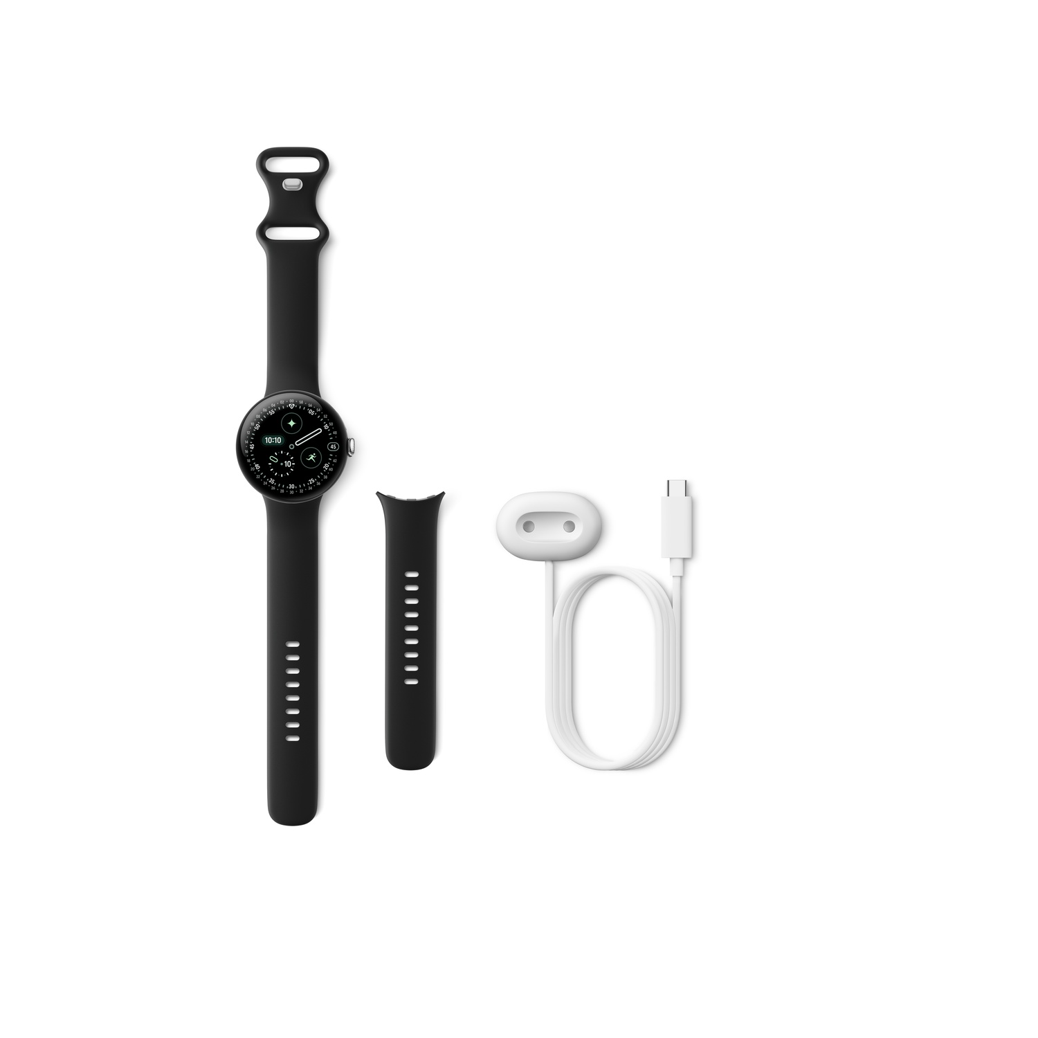 A black smartwatch with a black strap, a spare strap, a white charging dock, and a white USB cable on a white background.