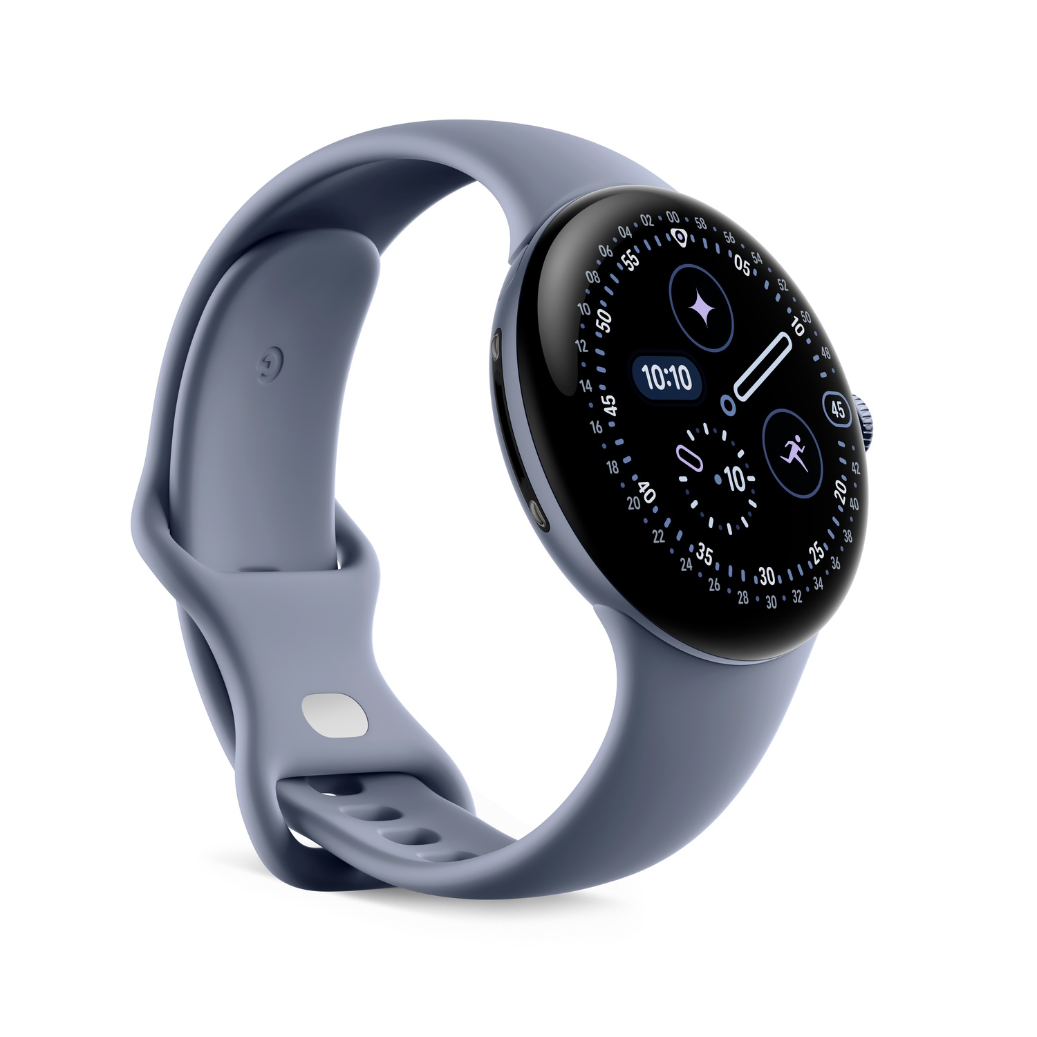 Une montre connectée bleu clair avec un écran noir affichant l'heure et des icônes d'activité. Le bracelet est de couleur bleu clair assortie. Le fond est blanc.