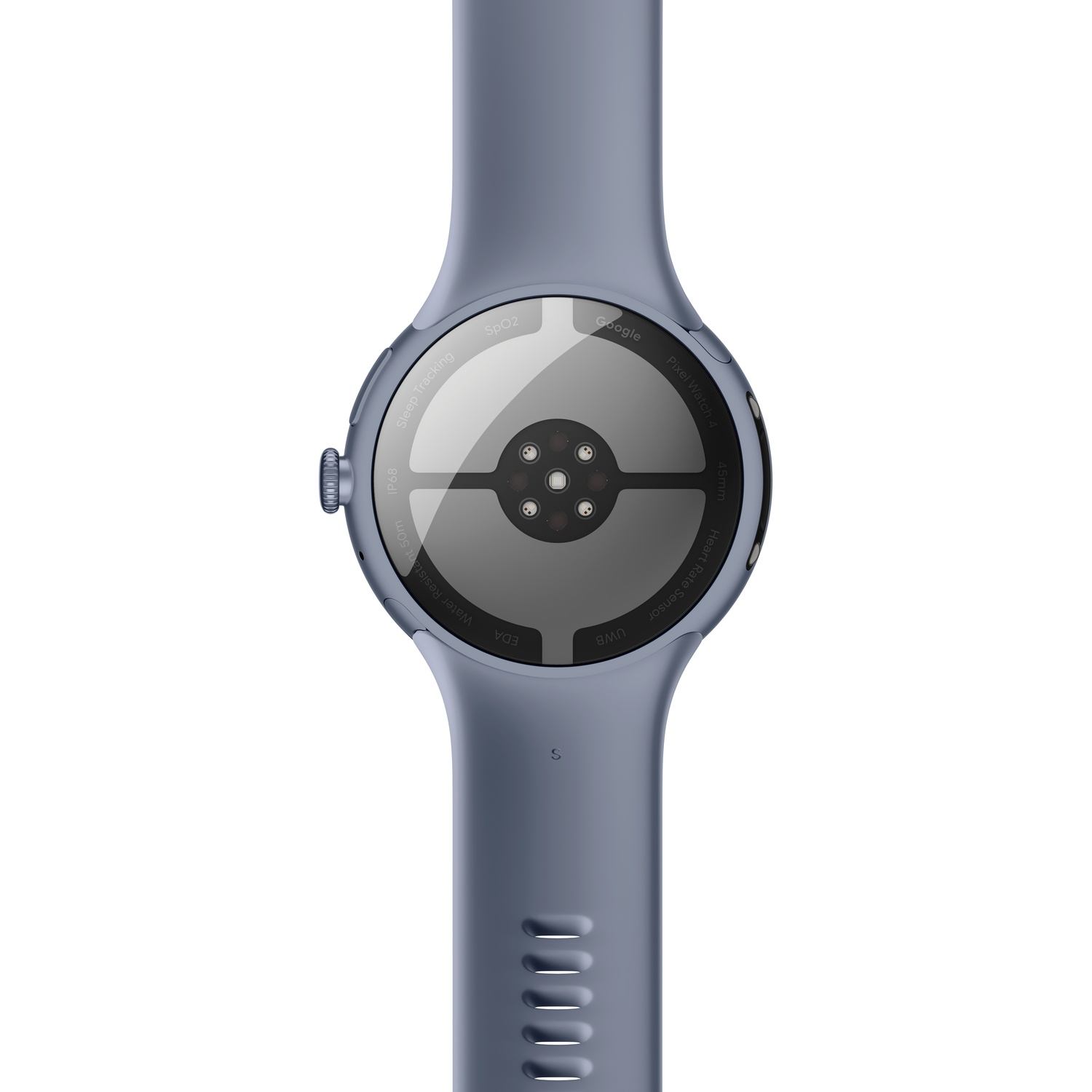 Une smartwatch bleue avec écran circulaire. Détails incluent logo Google, capteurs et fonctions comme suivi du sommeil et fréquence cardiaque.