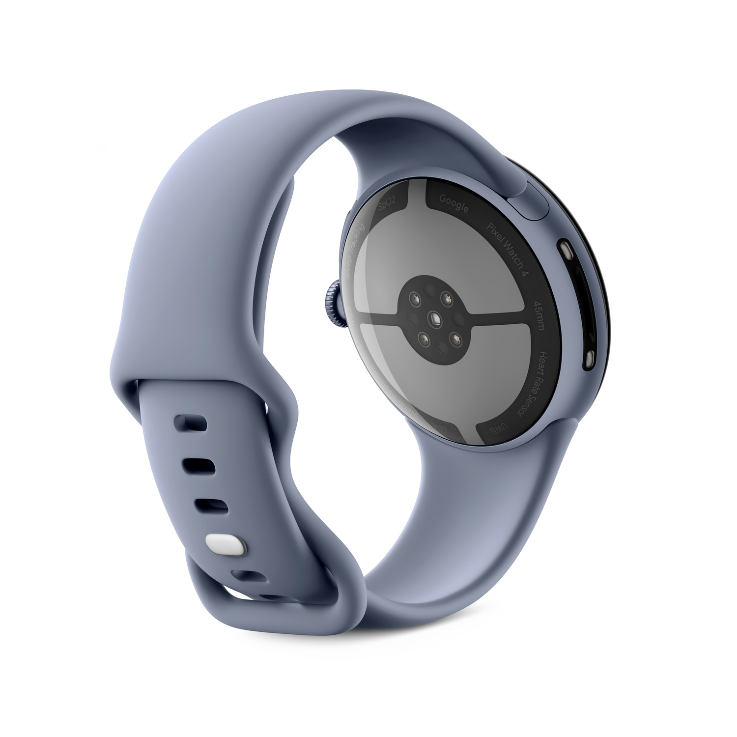 Une Google Pixel Watch 4 bleu clair, vue arrière. Le bracelet est incurvé. L'arrière a des capteurs et des étiquettes.