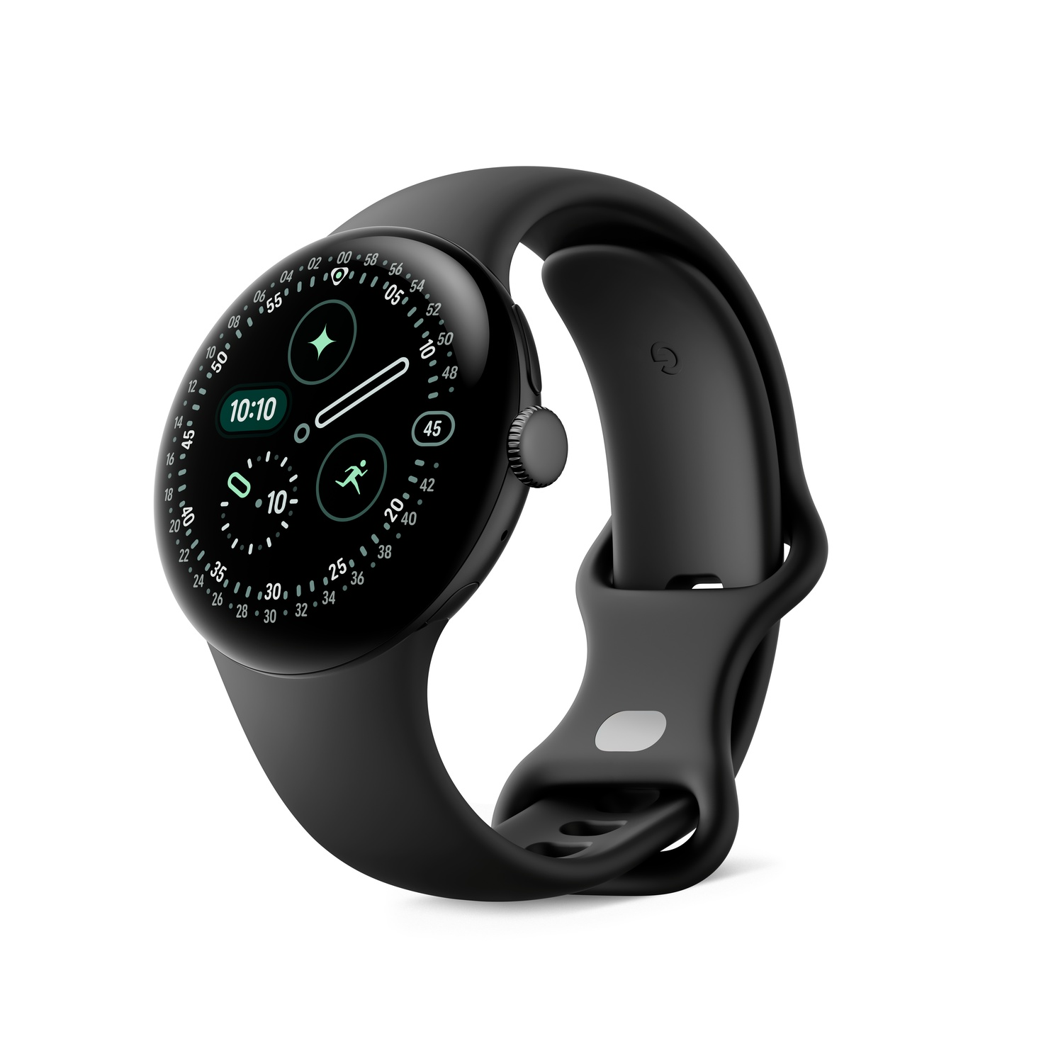A black smartwatch displays 10:10. The watch has a black band and a circular screen with time markers and icons.