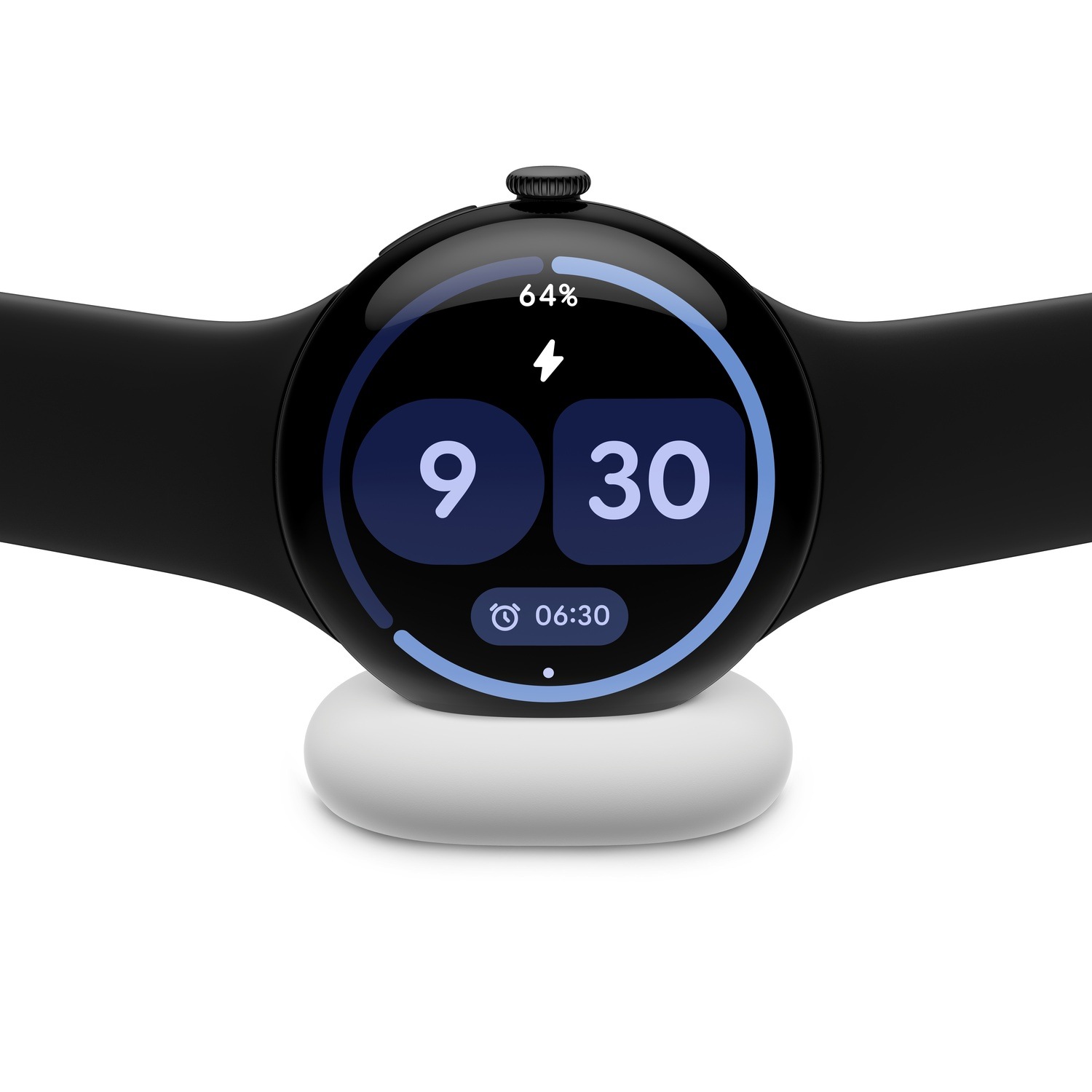 A black smartwatch displaying 9:30 and 64% charge. It rests on a white charging base, with a black strap.