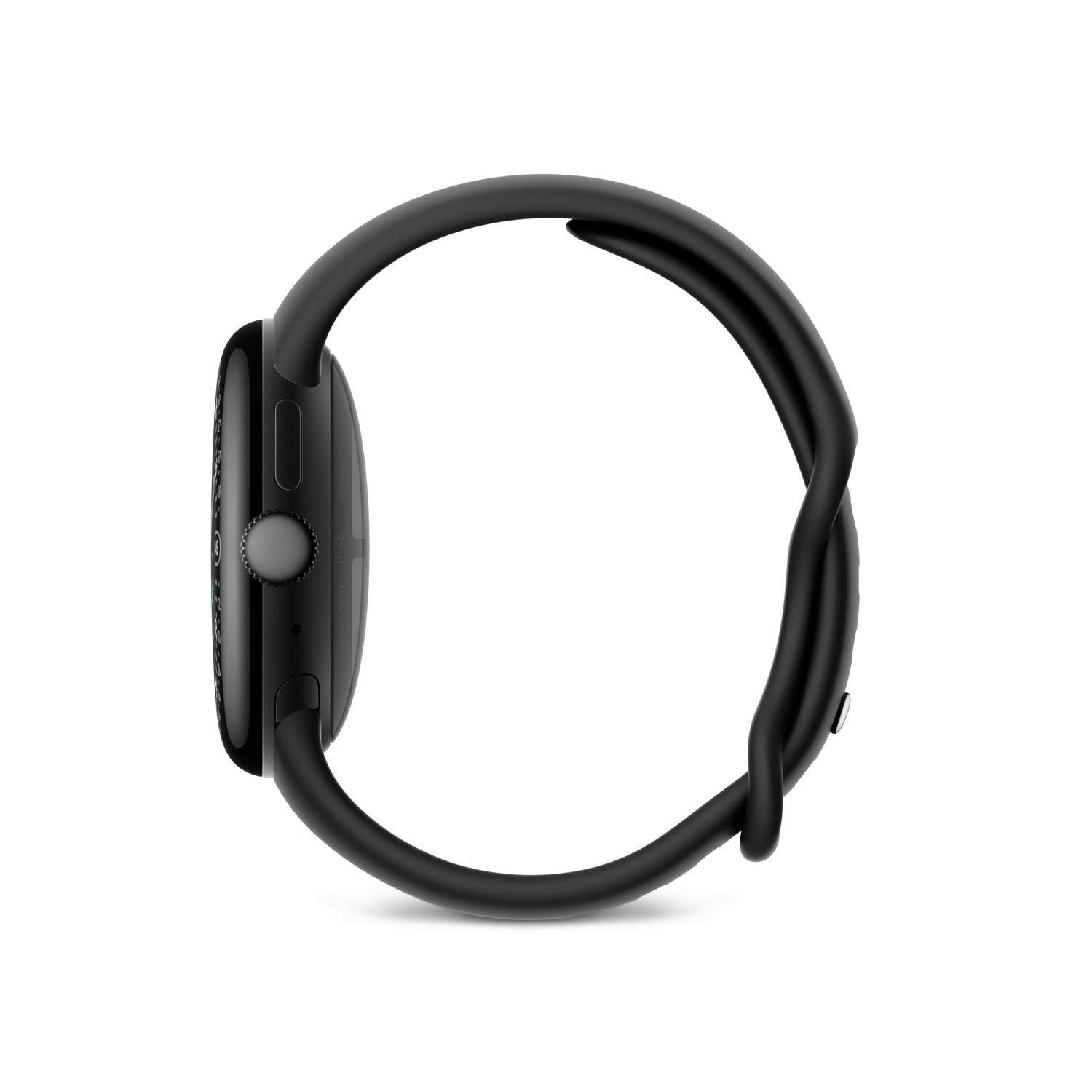 A side view of a black smartwatch with a curved band. The watch face is dark, and the band wraps around the wrist.