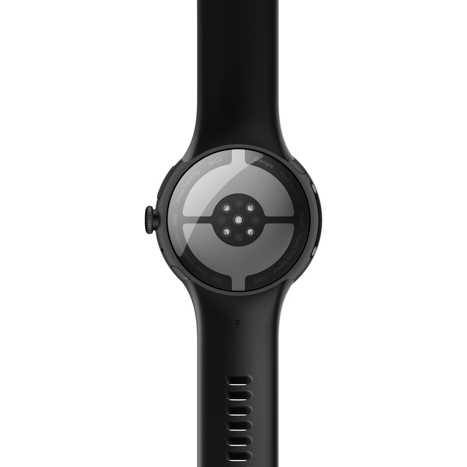 Close-up of a black smartwatch with the back facing up. It shows sensors, the Google logo, and text like 'Sleep Tracking' and 'Heart Rate Sensor'.