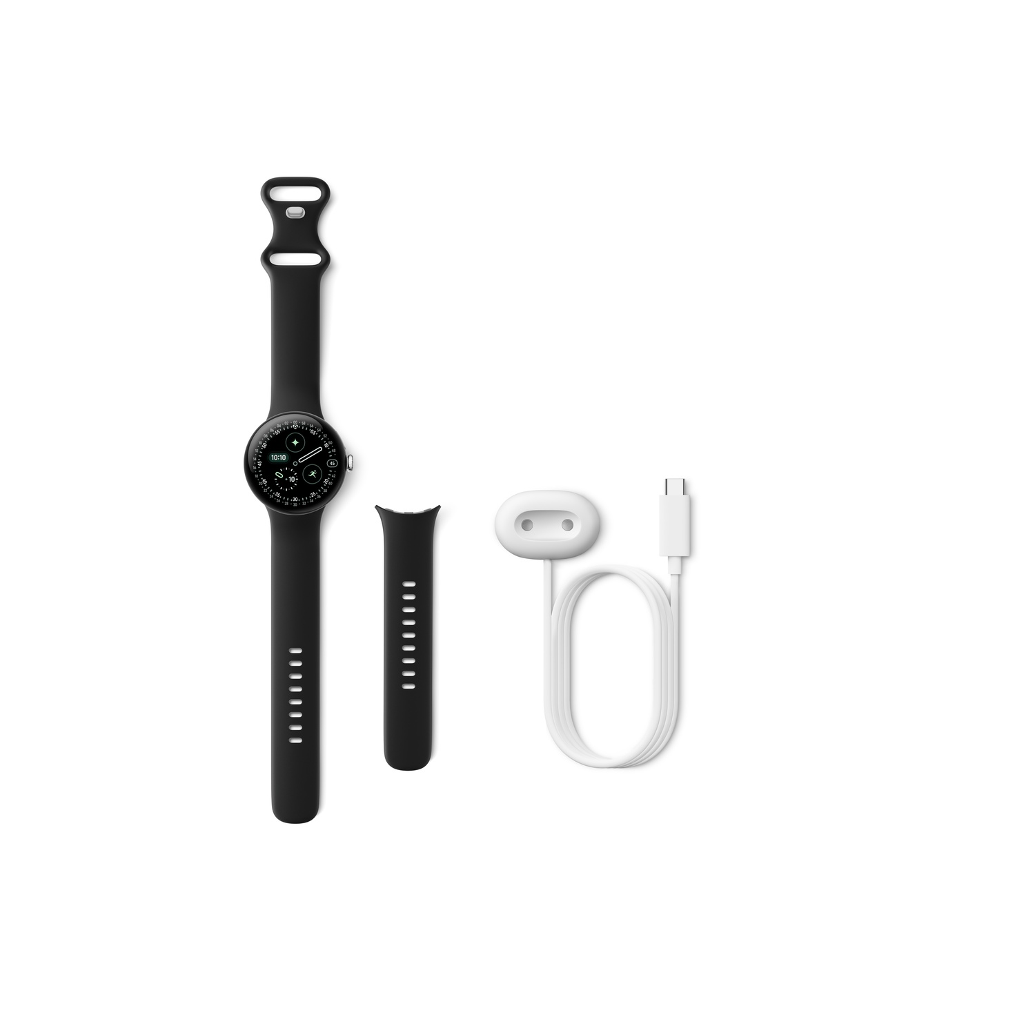 A black smartwatch with a black strap, a spare strap, a white charger and a white charging cable are laid out on a white background.