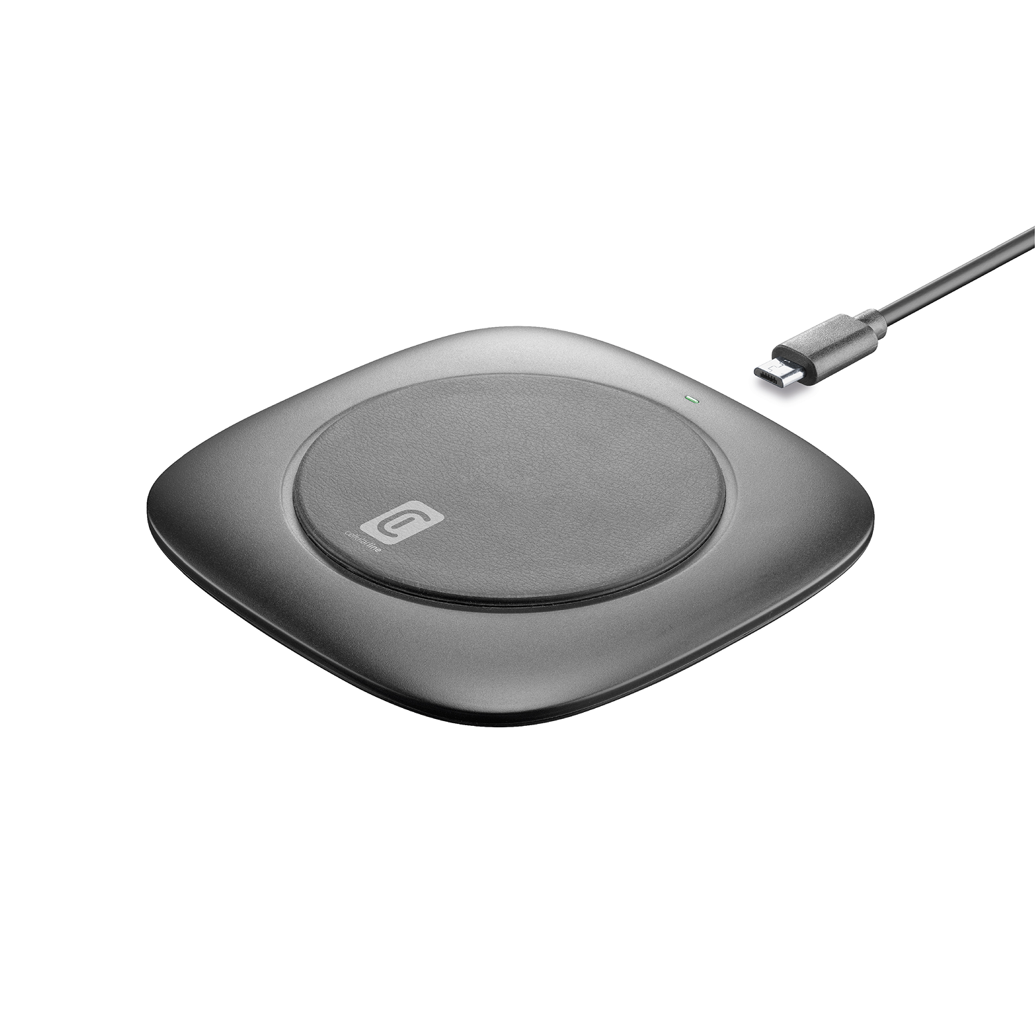 Un cargador inalámbrico gris con un cable USB-C. El cargador tiene una almohadilla circular central y una forma cuadrada con esquinas redondeadas.
