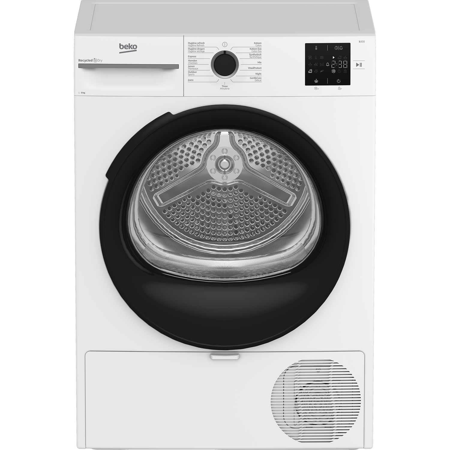 A white Beko dryer. It has a black door and control panel with various settings. A digital display shows the time. A handle is at the top.