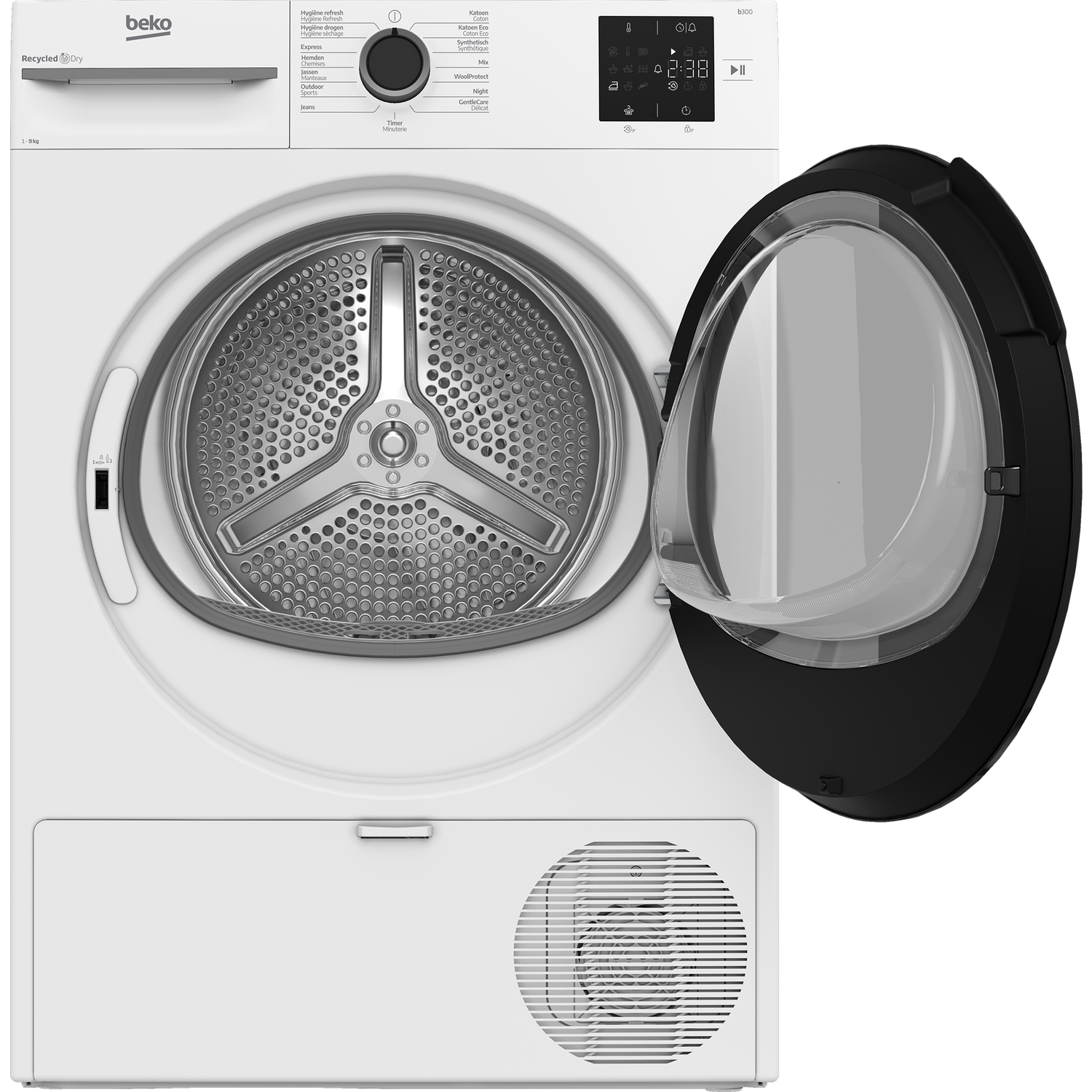 A white Beko dryer with an open door. Inside, a stainless steel drum is visible. Controls and display are on the top right.