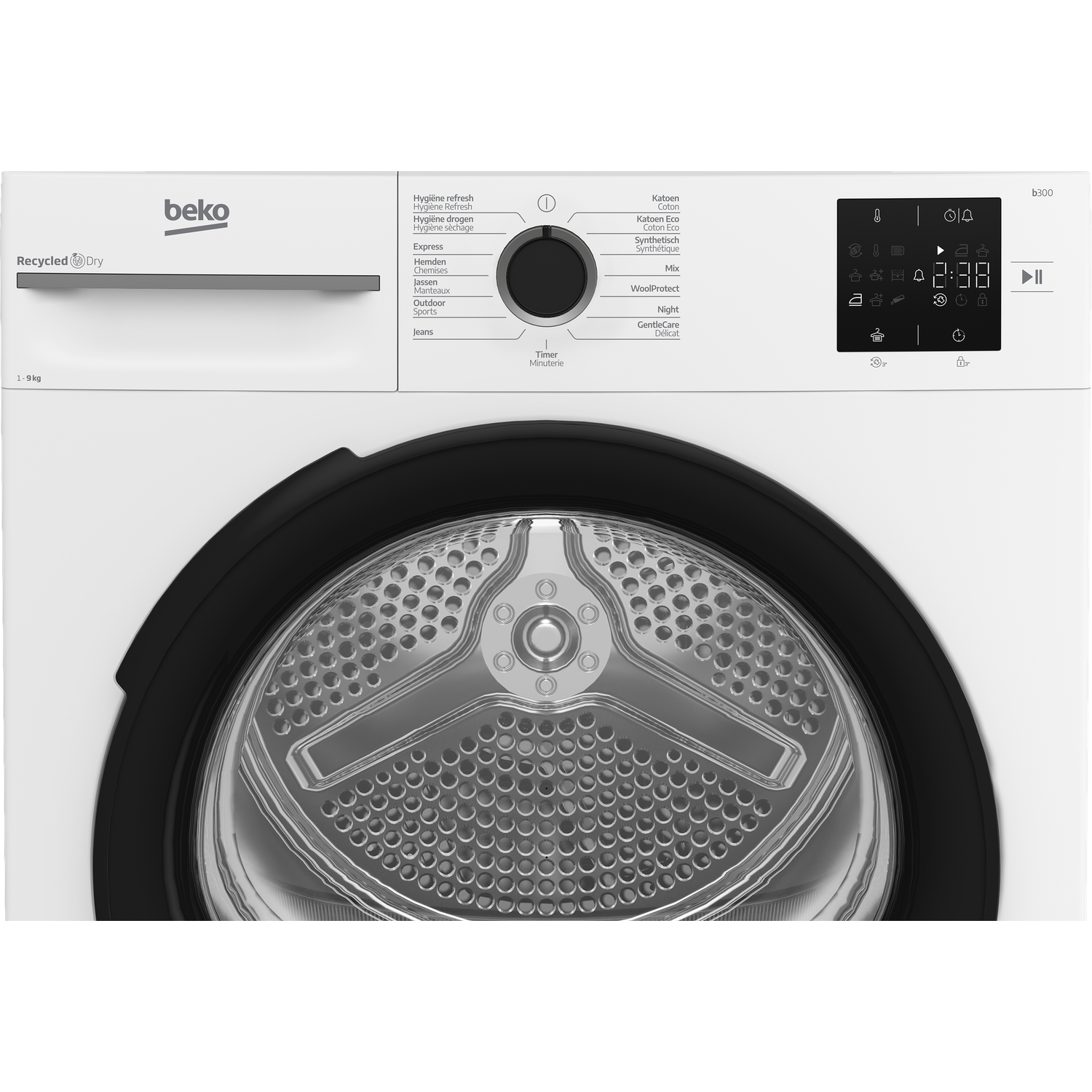 A white Beko dryer with a black door and control panel. It has a digital display showing time and various program options.