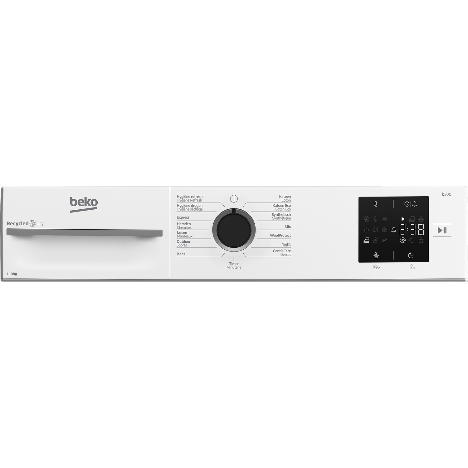A white Beko washing machine control panel. It has a dial for programs and a digital display showing time. Buttons and icons are present.