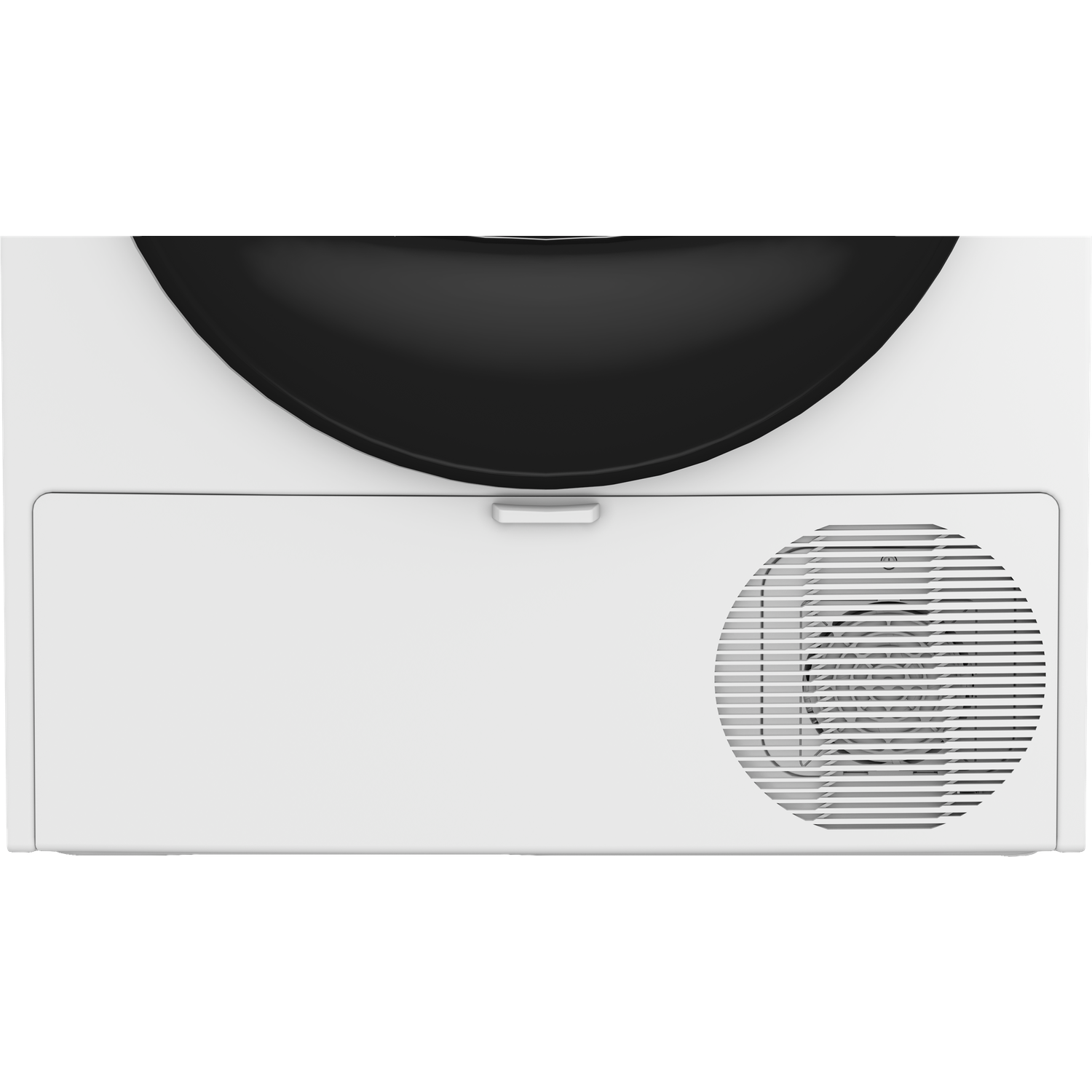 Top view of a white dryer with a black top. Features a vent on the right and a white door. A handle is centered.