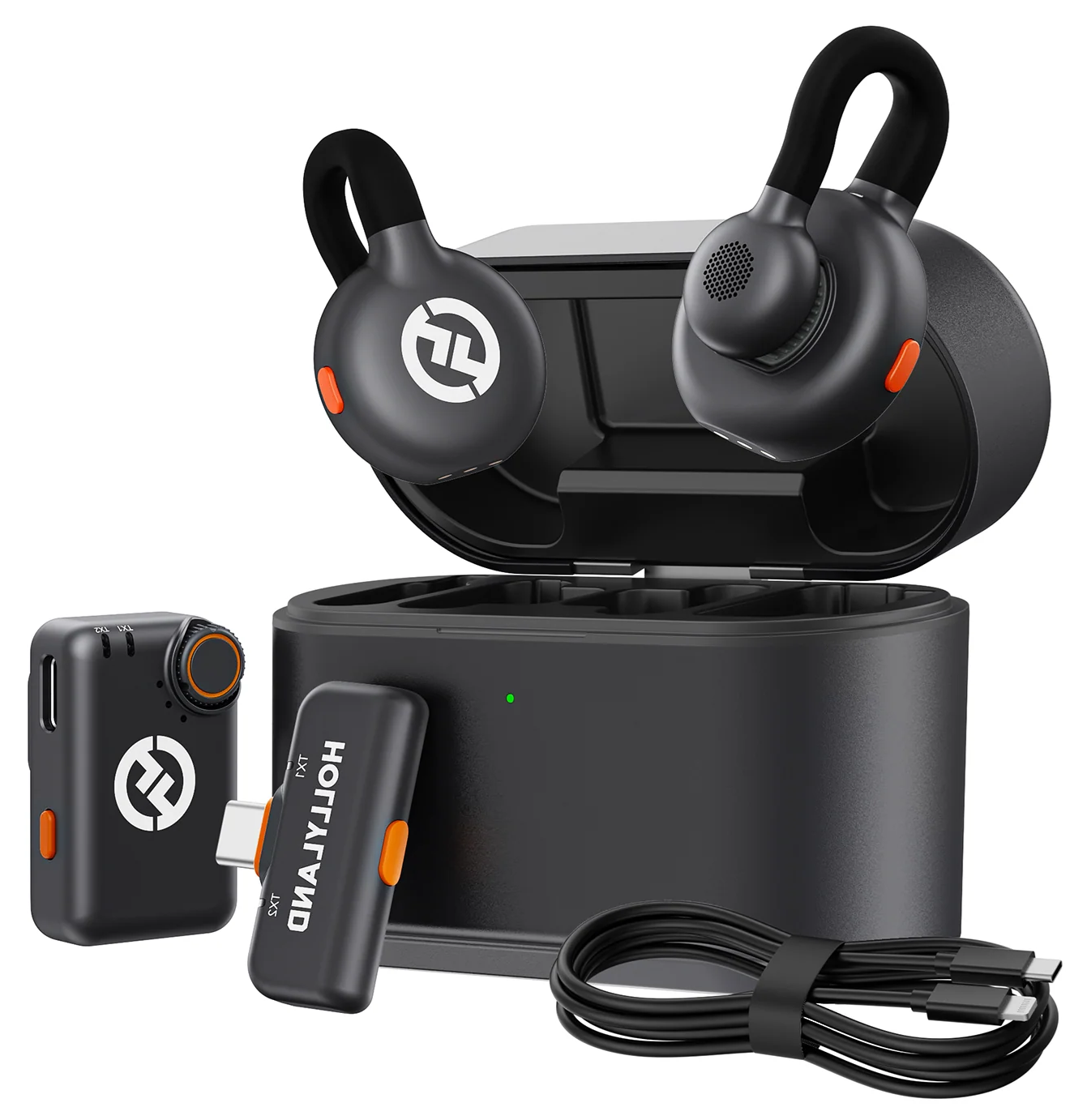 Czarne bezprzewodowe słuchawki, etui ładujące i akcesoria. Zawiera kabel oraz mały nadajnik i odbiornik.