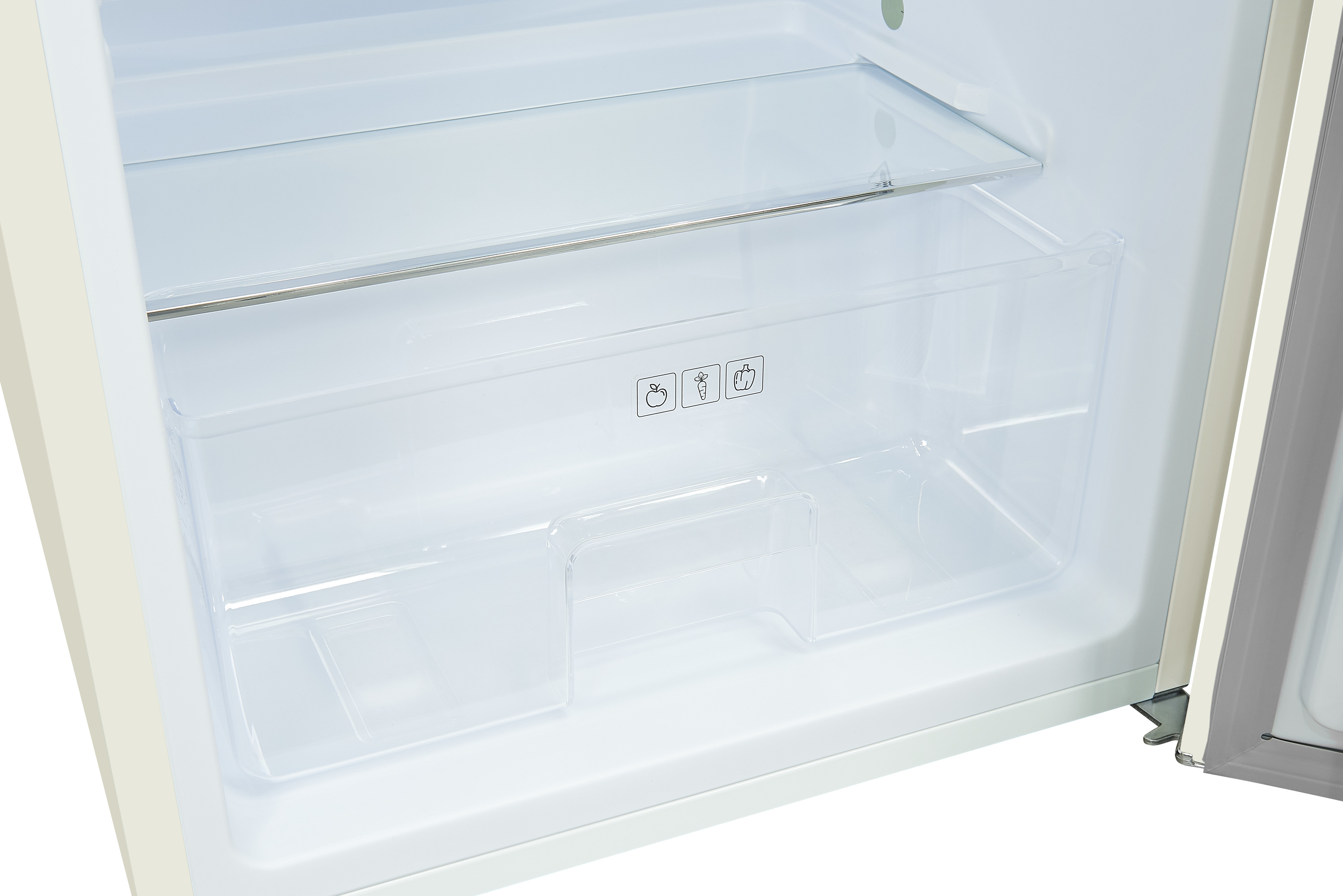 Offener Kühlschrankinnenraum mit transparenten Aufbewahrungsbehältern, Regalen und Türrahmen. Symbole für Obst und Gemüse.