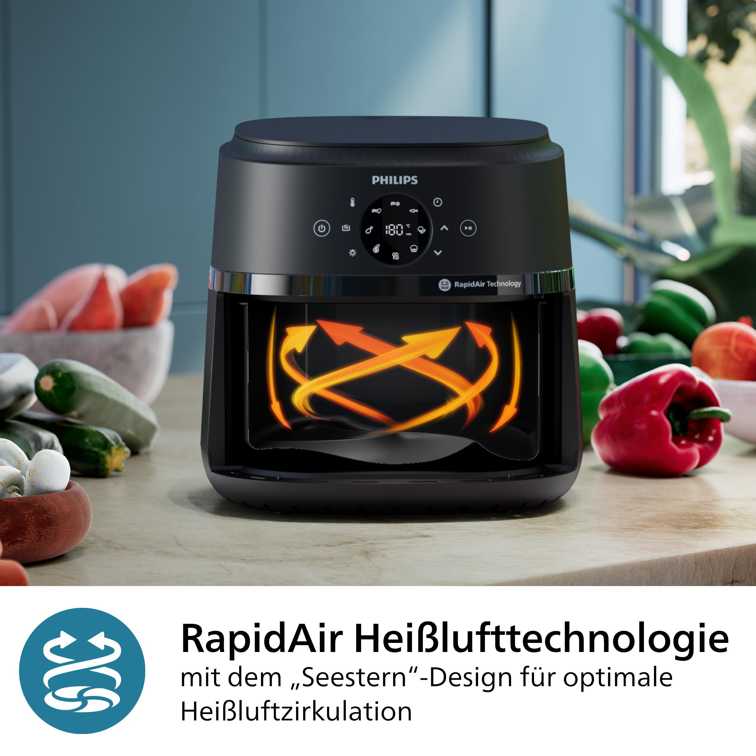 Schwarze Philips Heißluftfritteuse mit leuchtenden Pfeilen, umgeben von Gemüse auf einem Tisch. Hintergrund: Küche.