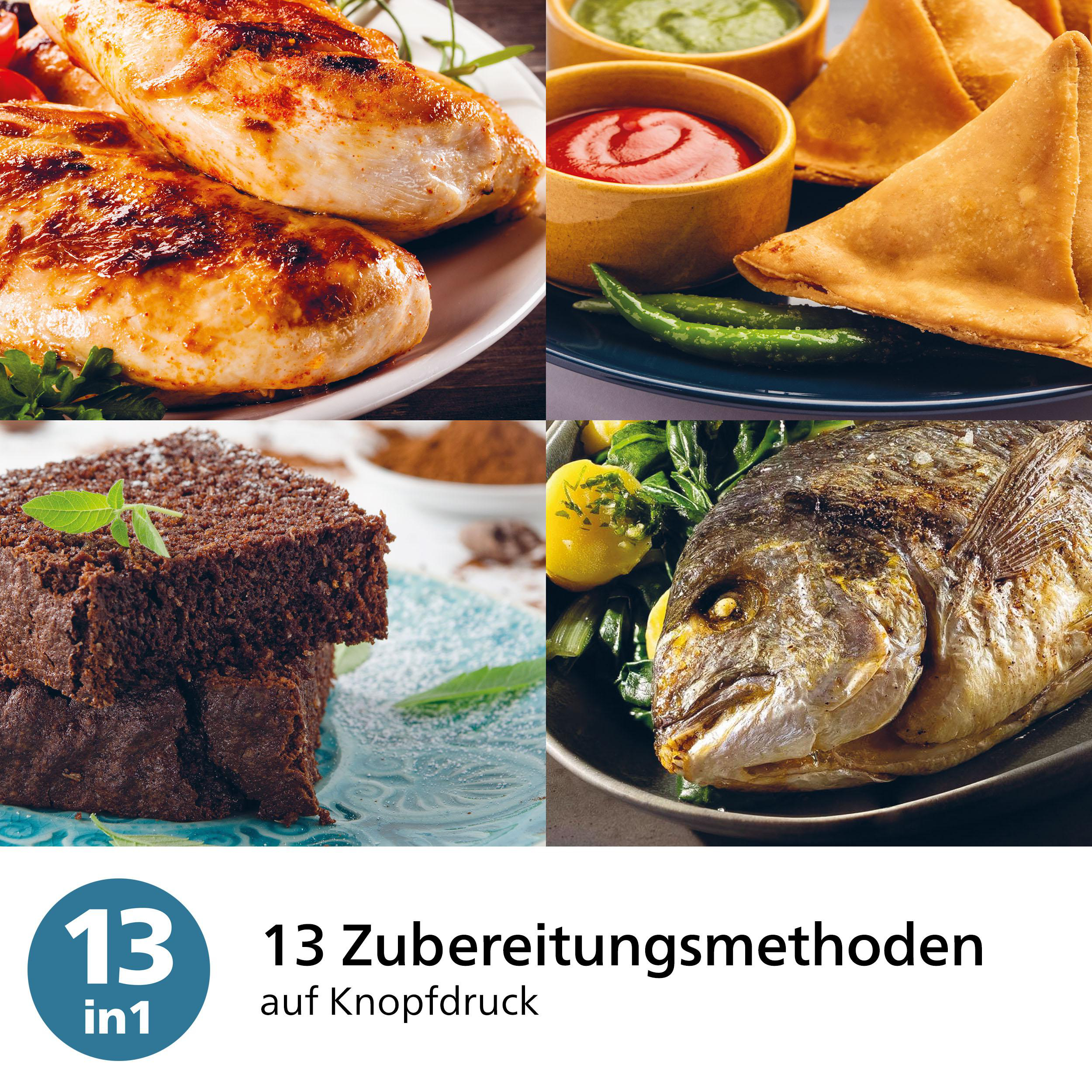 Eine Collage aus gekochtem Essen: gegrilltes Huhn, Samosas mit Saucen, ein Stück Kuchen und ein gegrillter Fisch. Unten ist ein blauer Kreis.