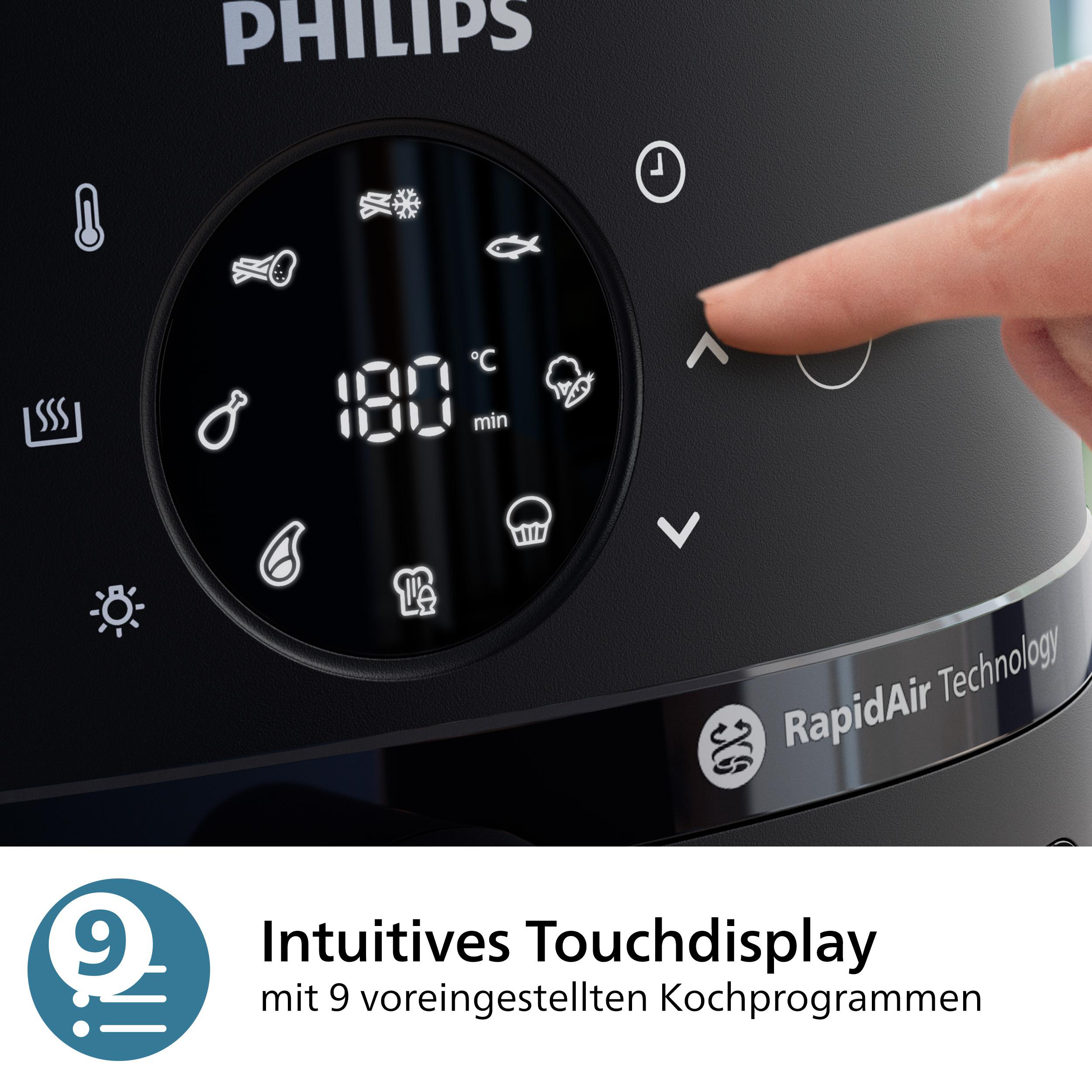 Ein schwarzer Airfryer mit Touchdisplay. Ein Finger drückt den Pfeil nach oben. Das Display zeigt Symbole und Einstellungen.