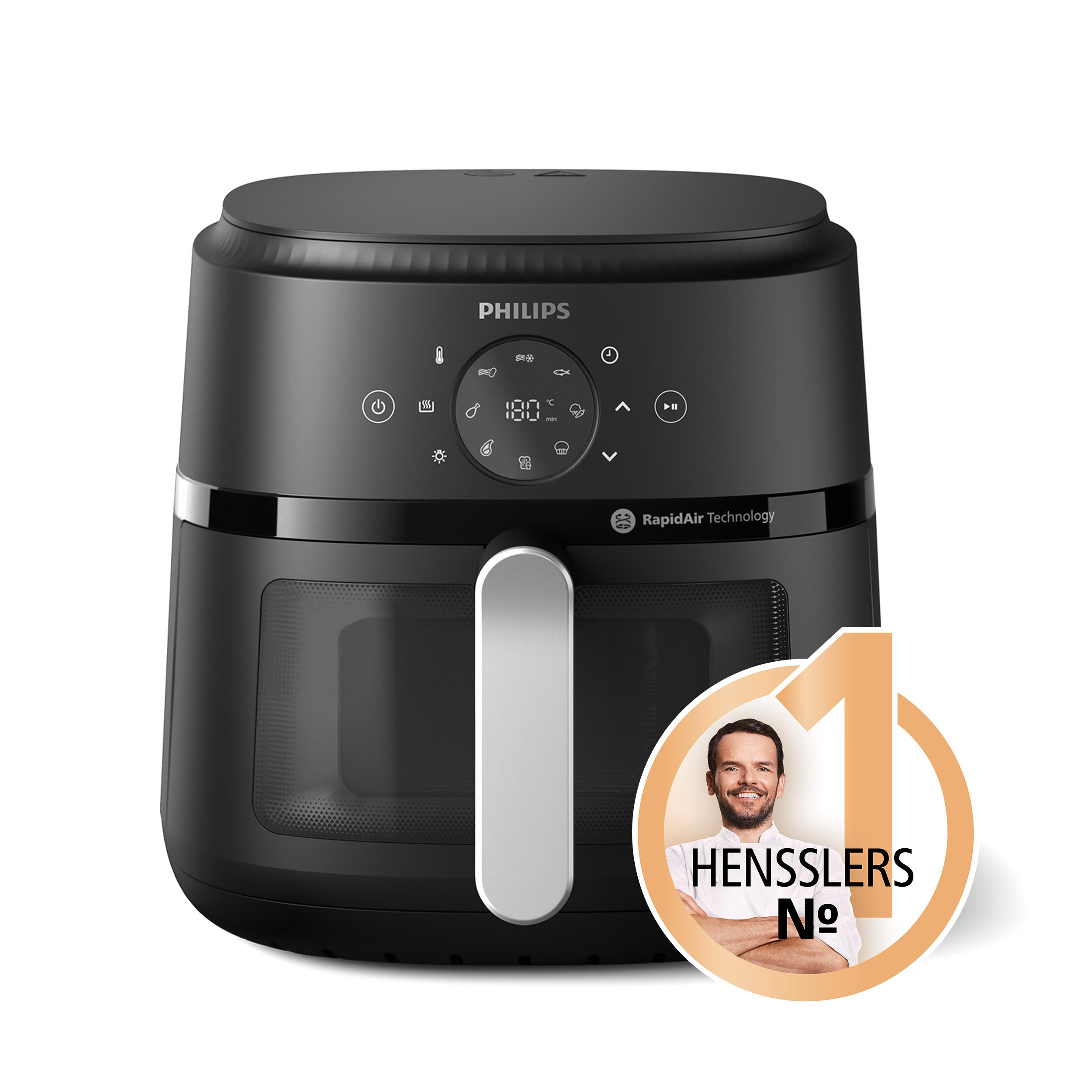 Schwarzer Philips Airfryer mit Digitalanzeige, silbernem Griff und einem Logo mit einem lächelnden Mann.