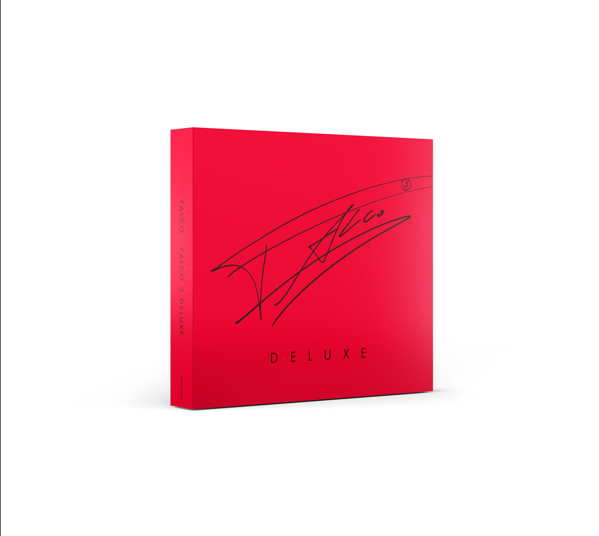 Eine rote 'Falco 3 Deluxe' Box mit einer schwarzen Signatur. Die Box befindet sich auf weißem Hintergrund, leicht angewinkelt.