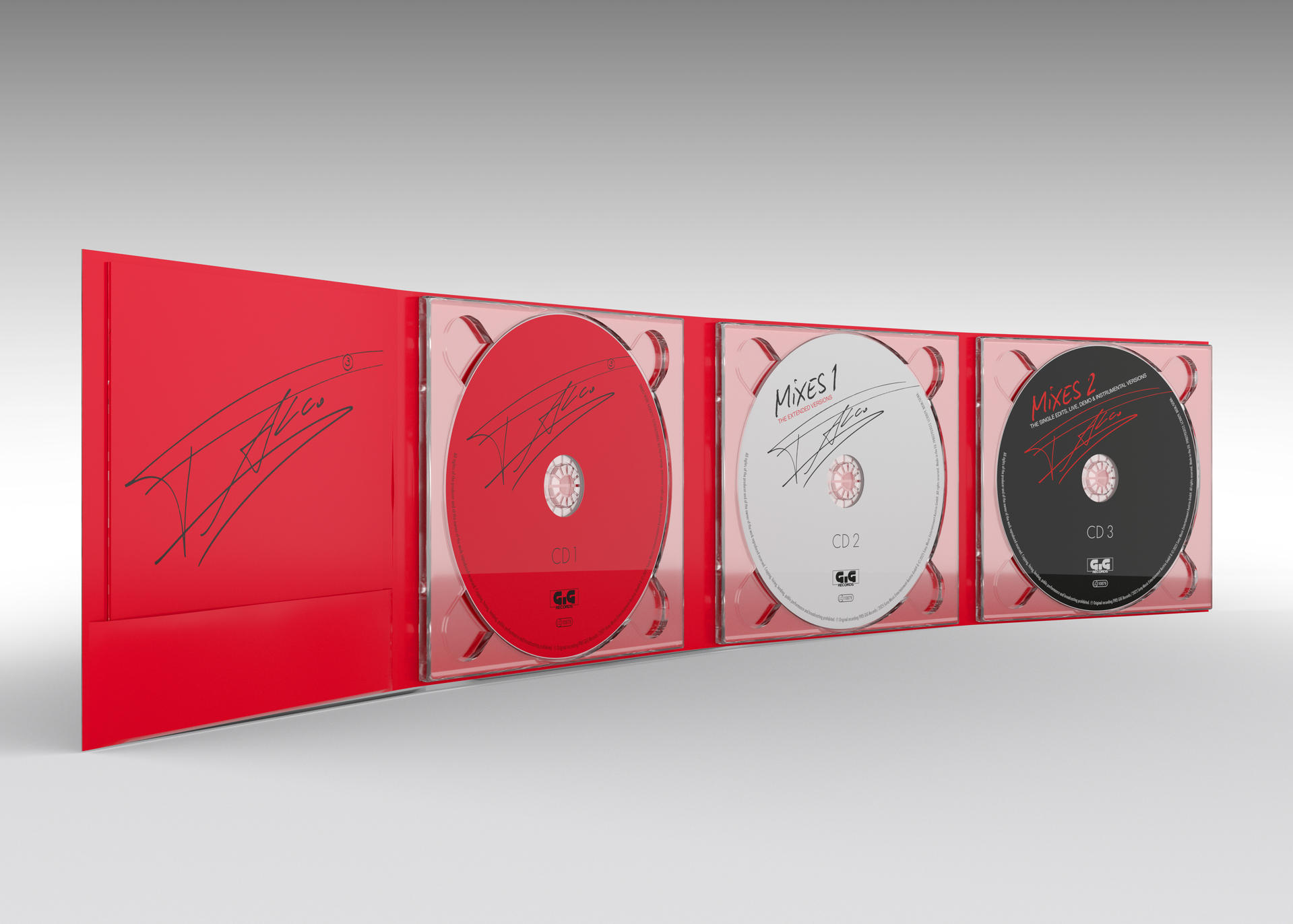 Ein rotes CD-Case mit 3 CDs, beschriftet mit CD1, CD2 und CD3. Das Case hat eine Unterschrift. CDs sind rot, weiß und schwarz.