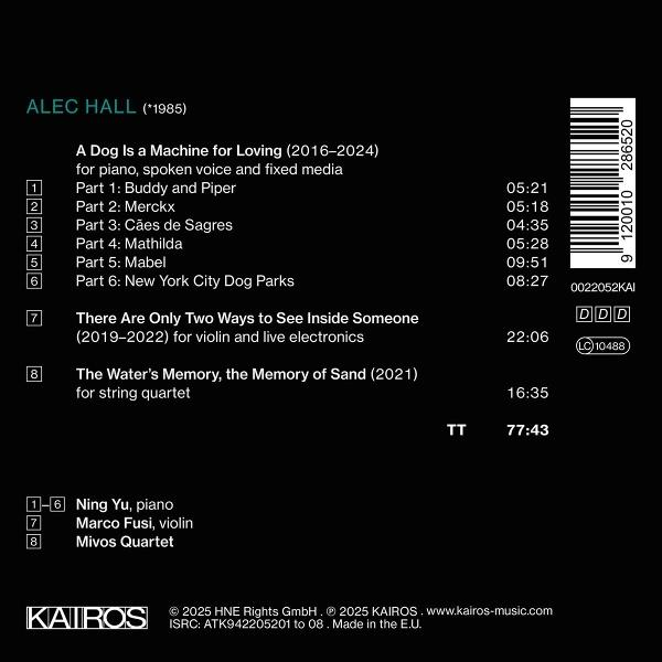 CD-Cover mit Titelliste und Credits für die Musik von Alec Hall. Text ist weiß auf schwarzem Hintergrund.