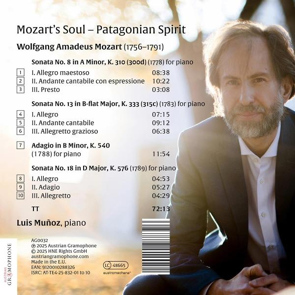 Albumcover: Mozarts Seele, Porträt eines Mannes und Noten. Der Text enthält Sonatenzeiten und Luis Muñoz, Klavier.