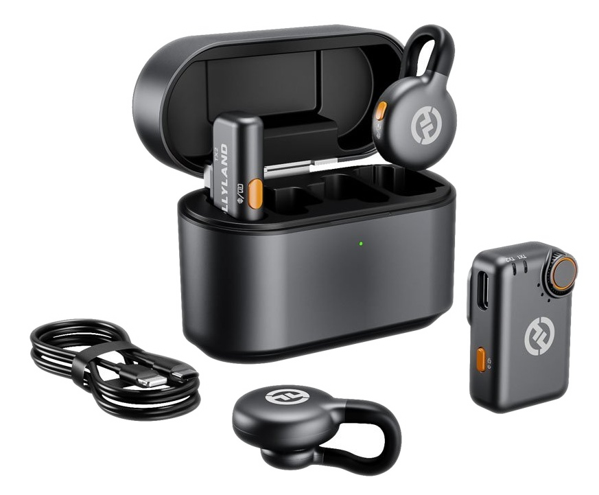 Szary i czarny bezprzewodowy zestaw mikrofonów. Zawiera etui ładujące, dwa mikrofony, odbiornik, kabel i pojedynczą słuchawkę.