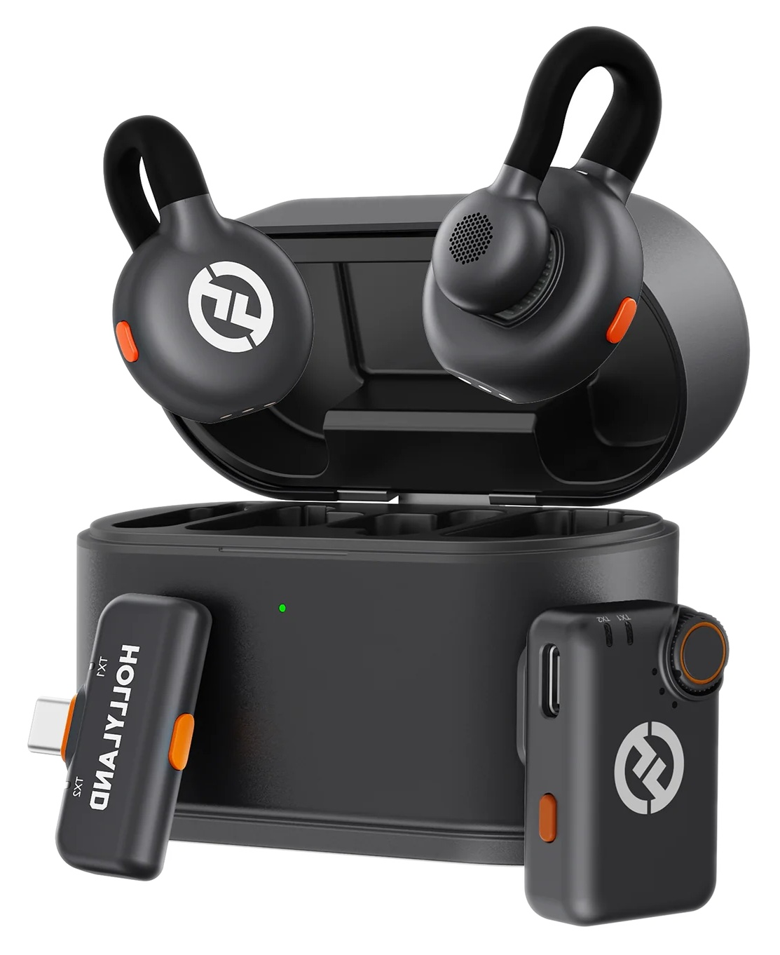 Czarne bezprzewodowe słuchawki z etui ładującym i dwoma innymi czarnymi urządzeniami. Słuchawki mają pomarańczowe akcenty i białe logo.