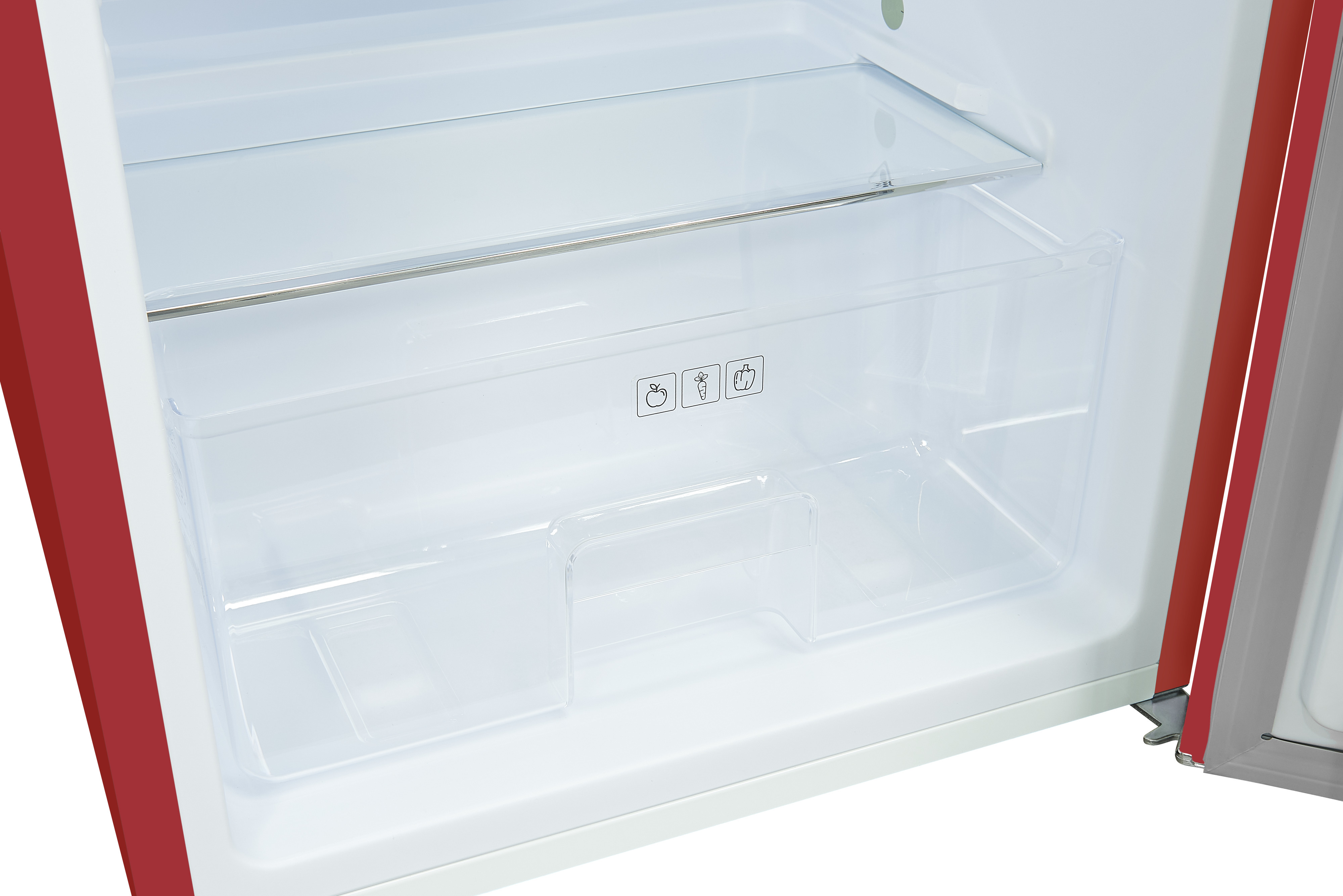 Innenraum des offenen Kühlschranks. Klare Plastikschublade und Regale. Roter und weißer Rahmen. Obst- und Gemüsesymbole.