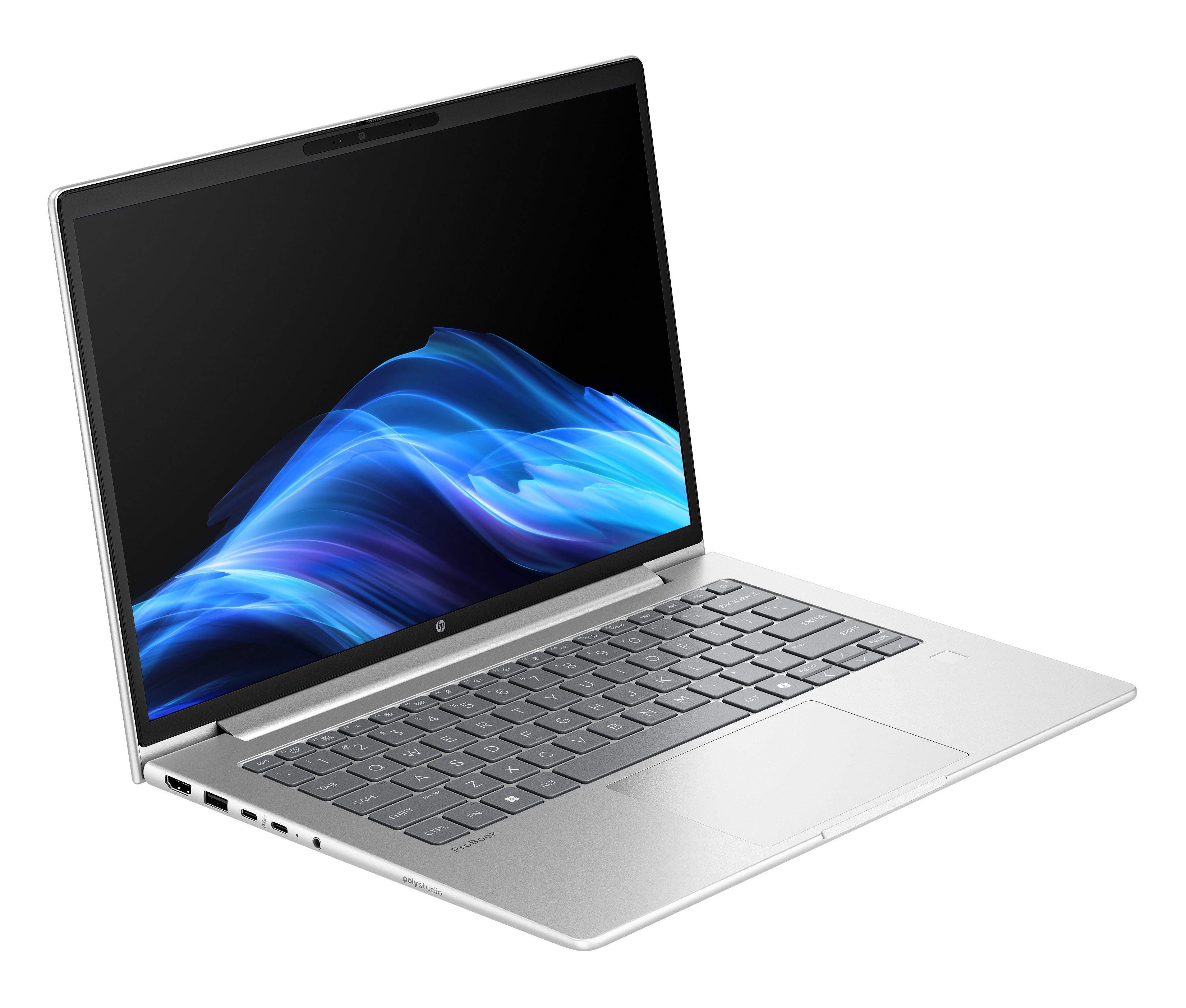 Zilveren laptop op zwarte achtergrond. Scherm toont blauwe abstracte kunst. Toetsenbord en touchpad zichtbaar.