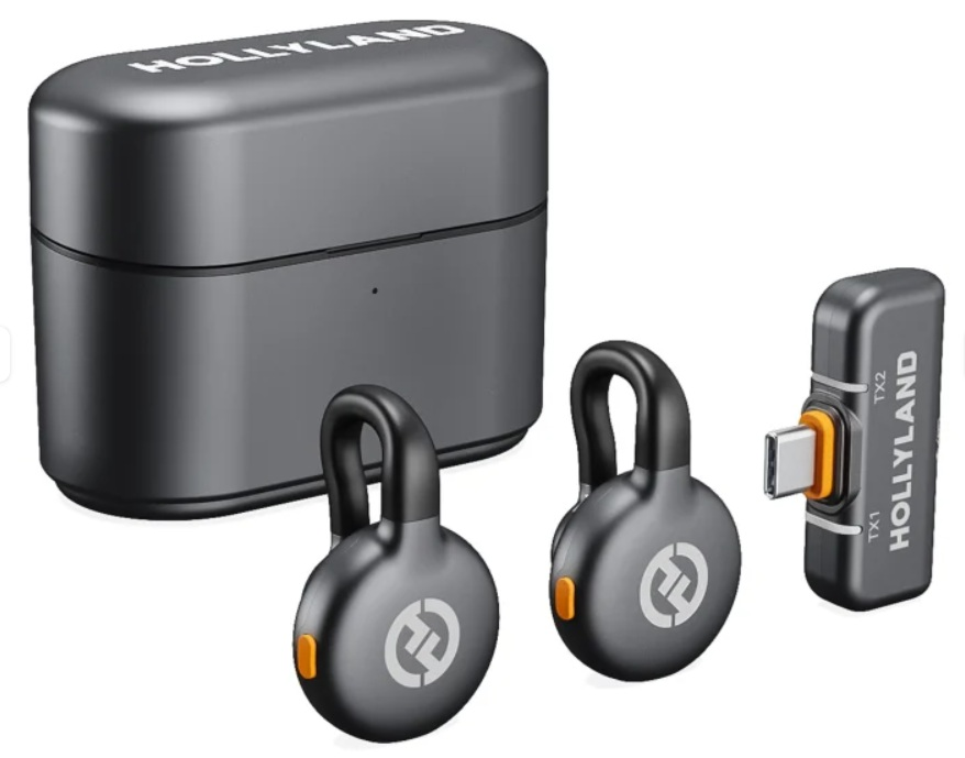 Czarny zestaw audio Hollyland. Zawiera etui ładujące, dwie słuchawki i nadajnik. Wszystkie mają pomarańczowe akcenty.