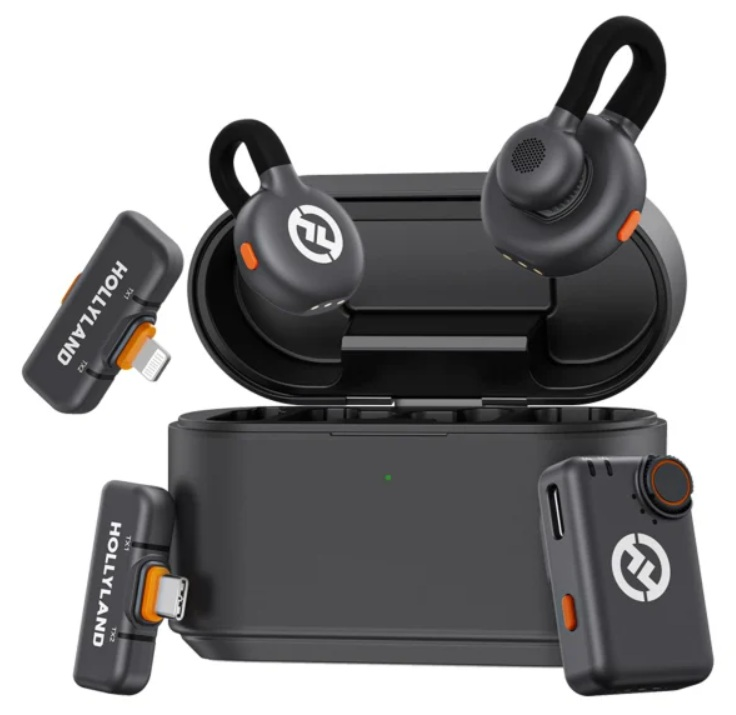 Czarne słuchawki douszne i etui ładujące. Dwa małe czarne nadajniki z nazwą marki. Jeden ze złączem Lightning.