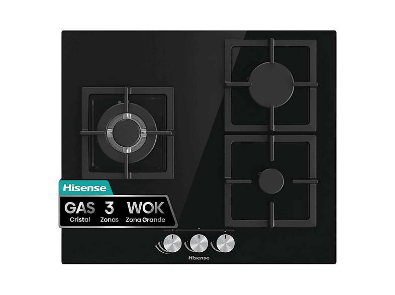 Placa de gas - Hisense GG633B, 3 zonas, 58 cm, Gas Natural, Encendido fácil, Fogón Wok, Cristal Negro