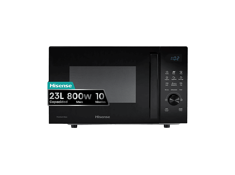 Microondas con grill - Hisense H23MOBSD1HG, 800W, 10 niveles, Control digital táctil, 23 l, Negro