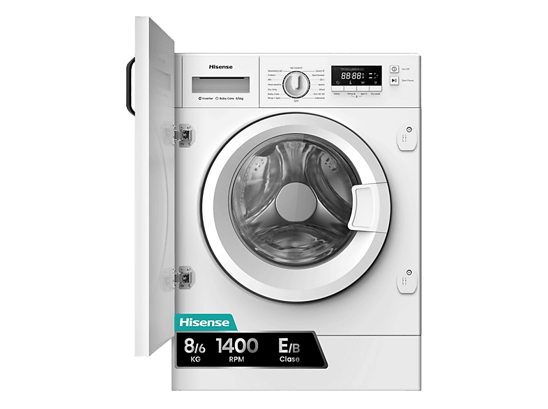 Lavadora secadora integrable - Hisense WD3M841BWIES , 8 kg /6 kg, 19 programas, Lavado Secado 1h, Inverter, Sin Panelar