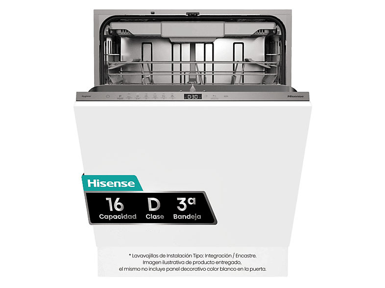 Lavavajillas integrable - Hisense HV16D5, 16 servicios, 6 programas, 59.8 cm, Cestas flexibles, Tres Sin Panelar