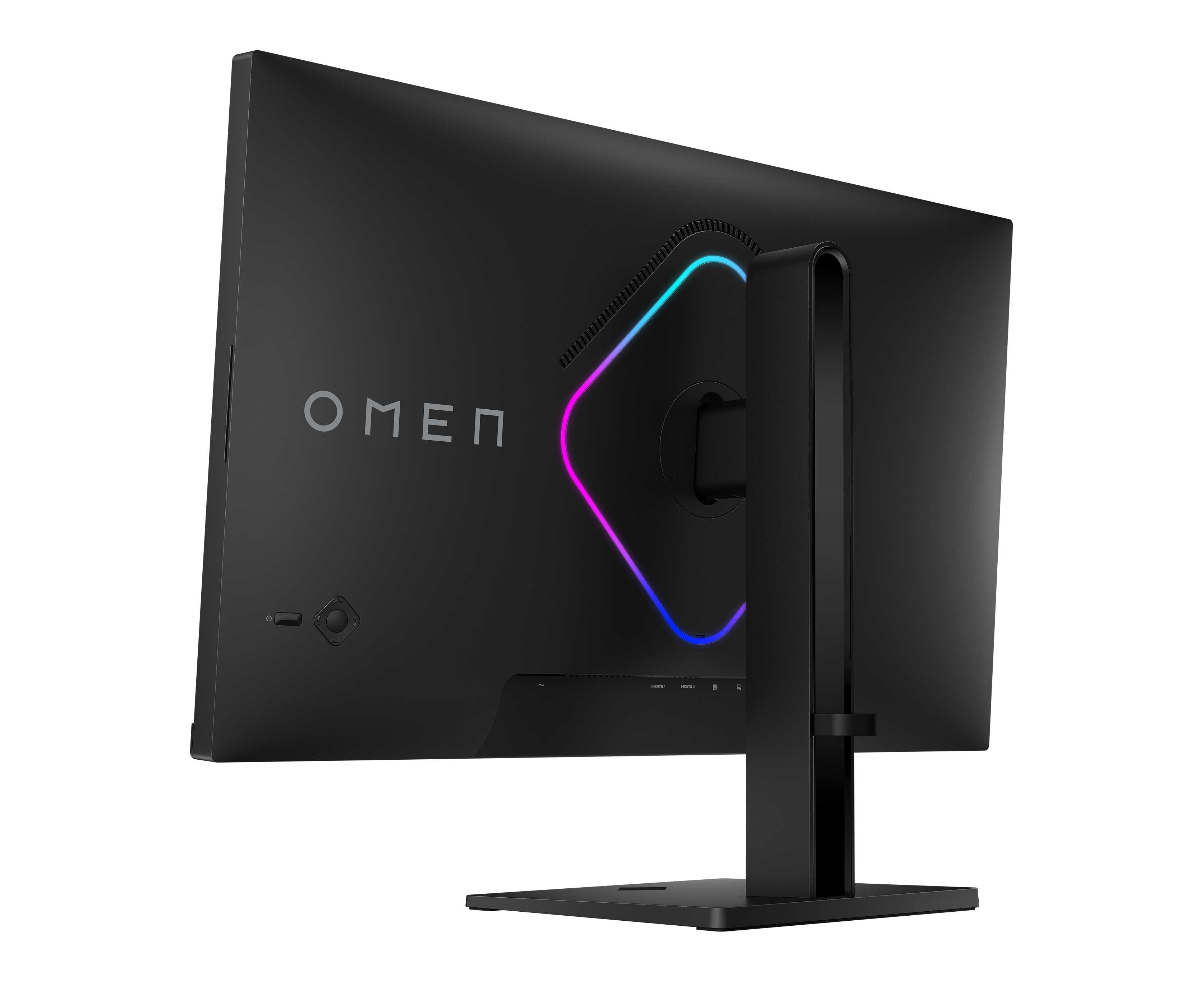 Rückansicht eines schwarzen OMEN-Monitors. Er hat ein leuchtendes Licht und das OMEN-Logo. Der Ständer ist schwarz und der Hintergrund ist schwarz.