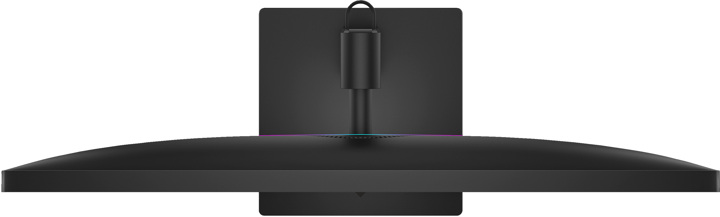 Ein schwarzer Computermonitor aus der Vogelperspektive. Der Monitor hat einen gebogenen Bildschirm und einen Ständer. Der Hintergrund ist schwarz.