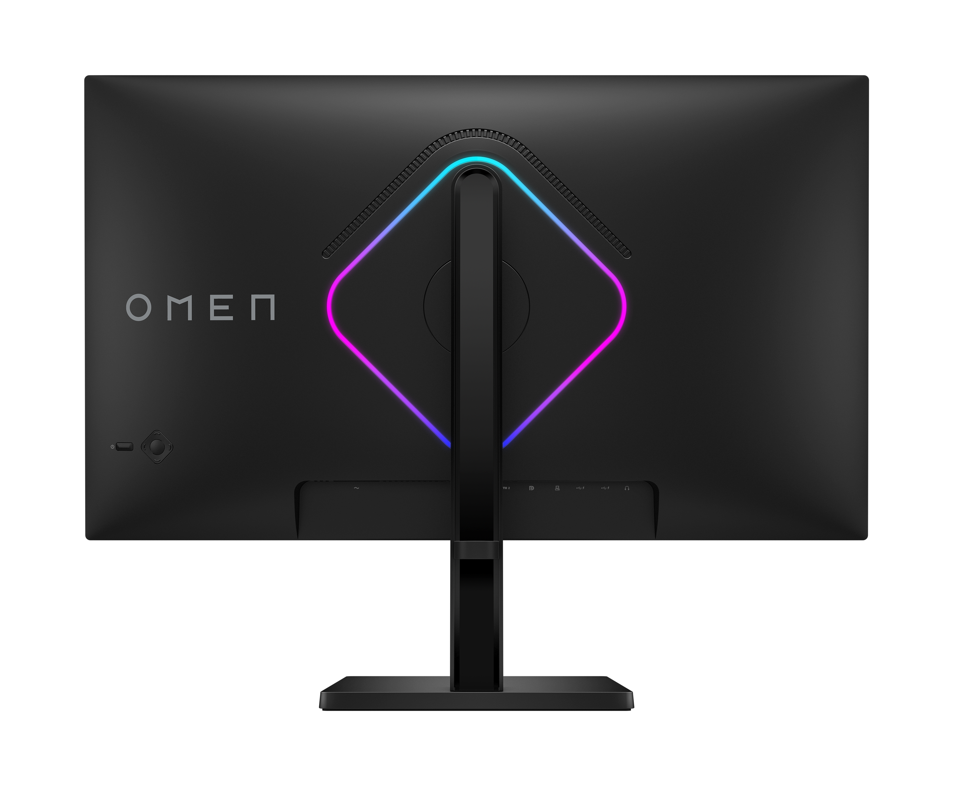 Rückansicht des schwarzen OMEN-Monitors mit Logo und leuchtender Diamantenform. Anschlüsse und Ständer sichtbar. Schwarzer Hintergrund.