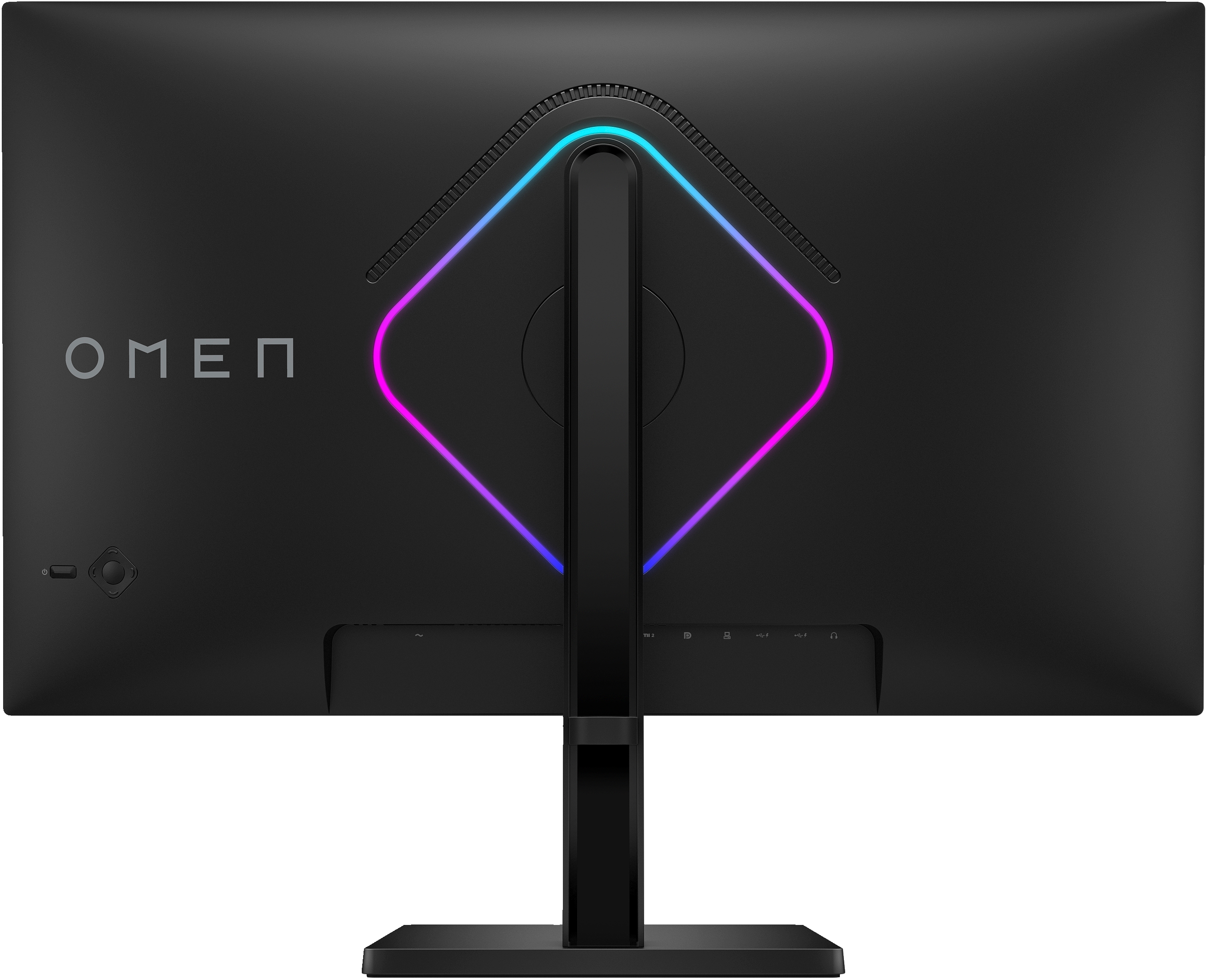 Rückseite eines schwarzen OMEN-Gaming-Monitors. Er hat ein leuchtendes, farbenfrohes Logo und Anschlüsse.