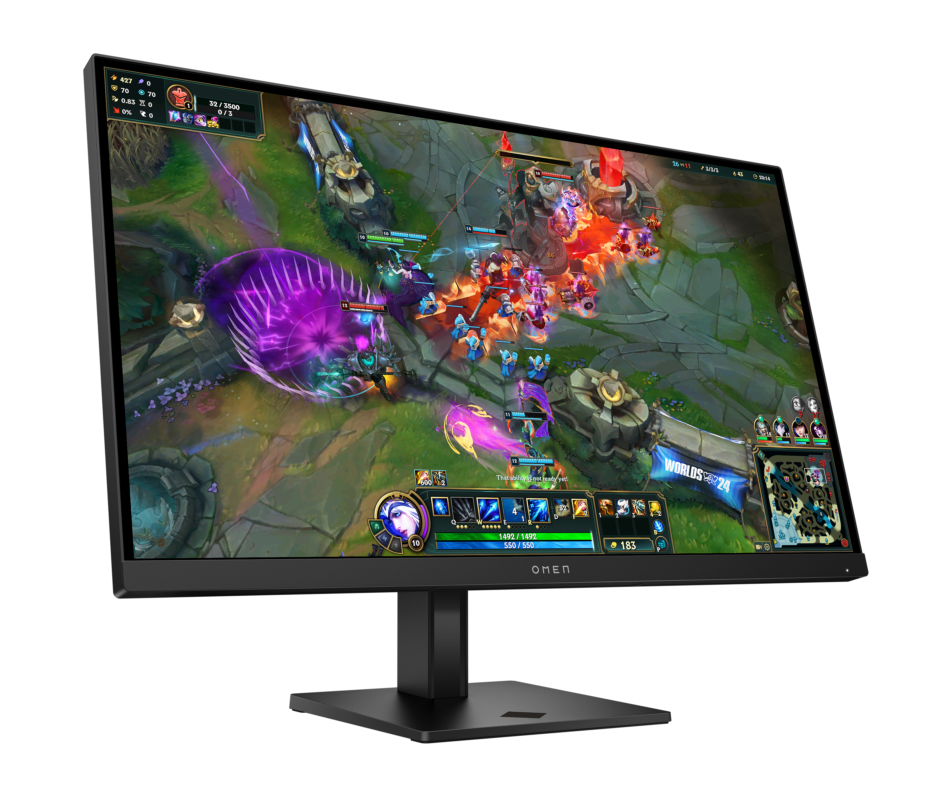 Ein Computermonitor zeigt ein League of Legends-Spiel. Der Bildschirm zeigt eine Kampfszene mit Charakteren und Gesundheitsleisten.