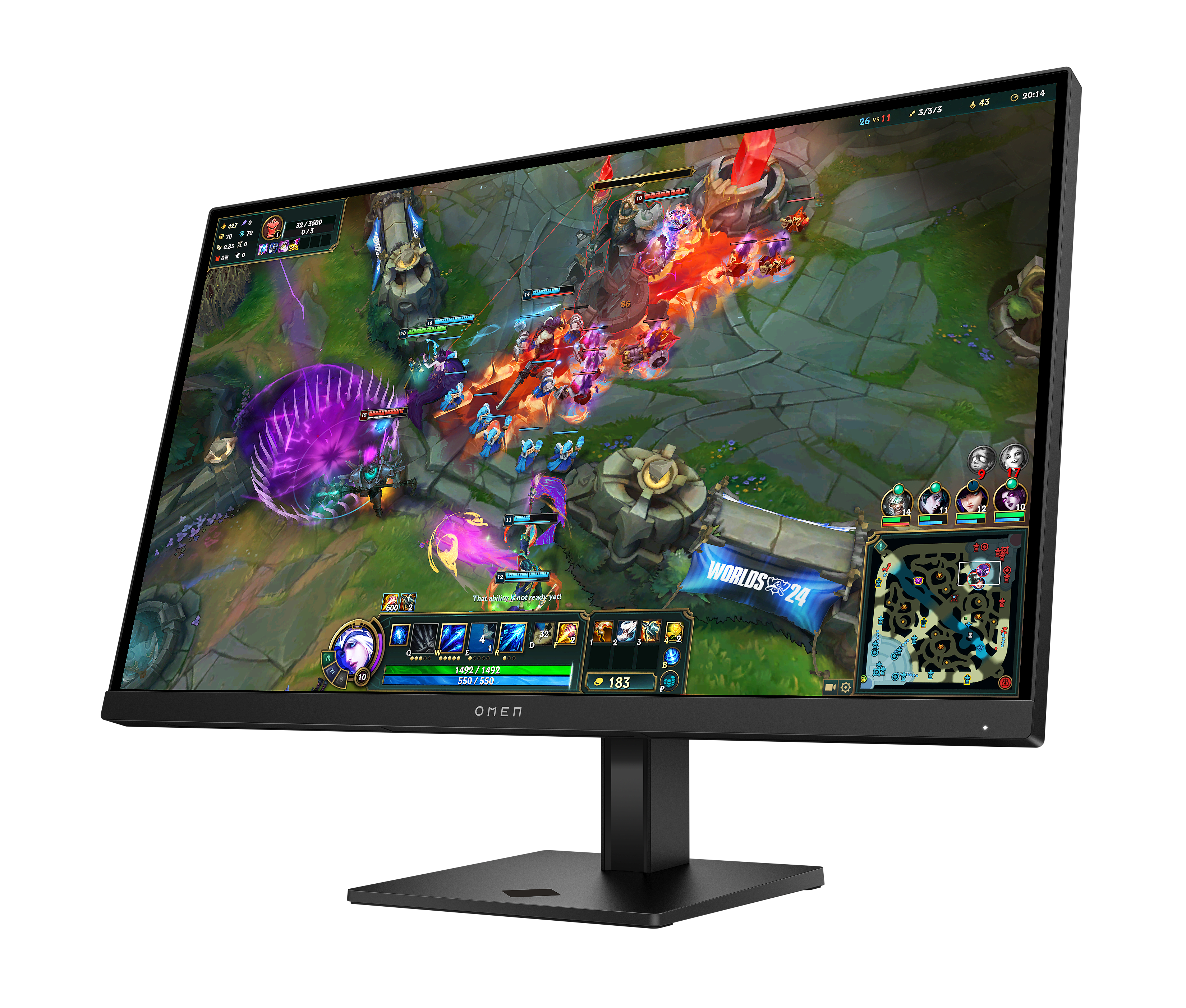 Ein geschwungener Monitor zeigt ein Spiel mit kämpfenden Charakteren. Der Bildschirm zeigt eine Karte, Gesundheitsleisten und Spielstatistiken.