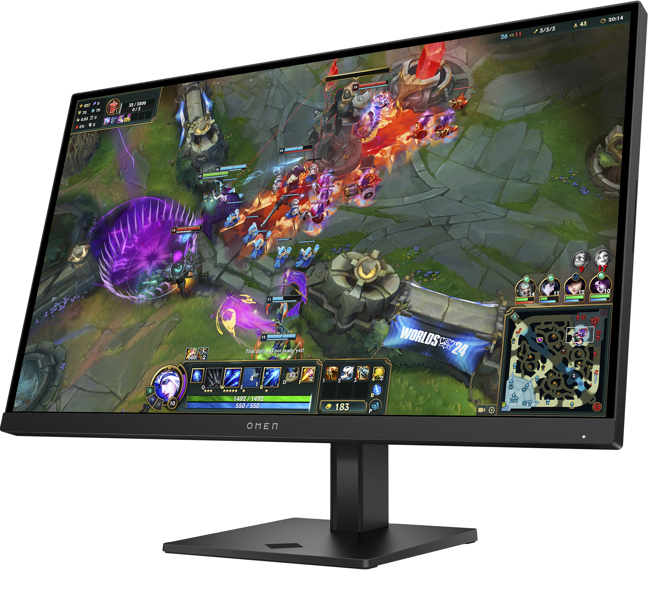 Ein Monitor zeigt ein League of Legends-Spiel. Spielszene mit Champions, Action und einem 'Worlds 24'-Banner.
