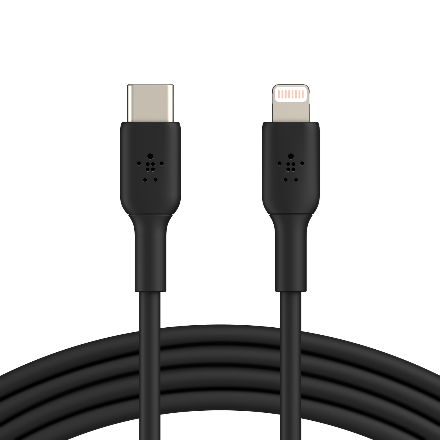 Black Belkin charging cable with USB-C and Lightning connectors on a white background. The cable is coiled at the bottom.