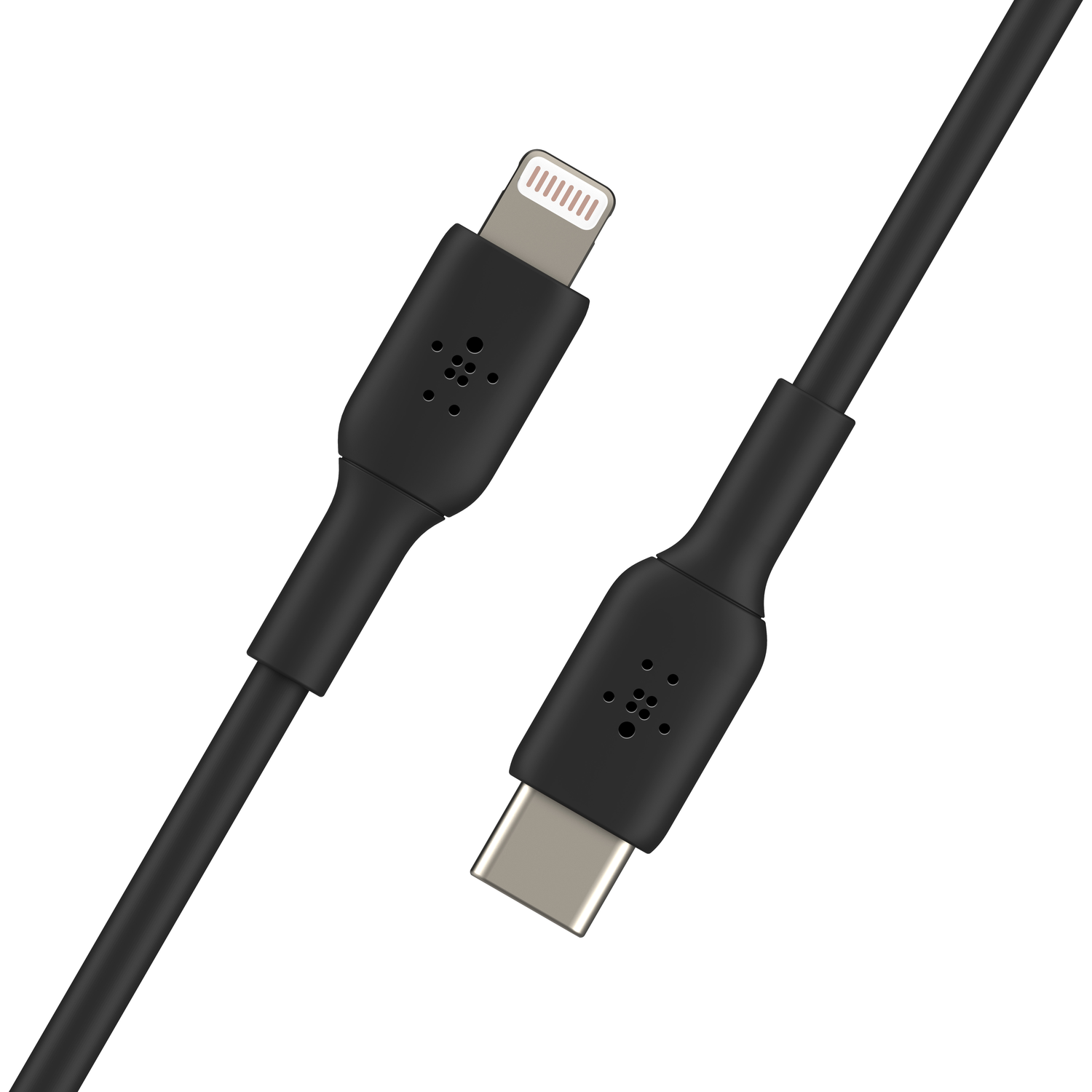 Black charging cable with a lightning connector and a USB-C connector on a white background.