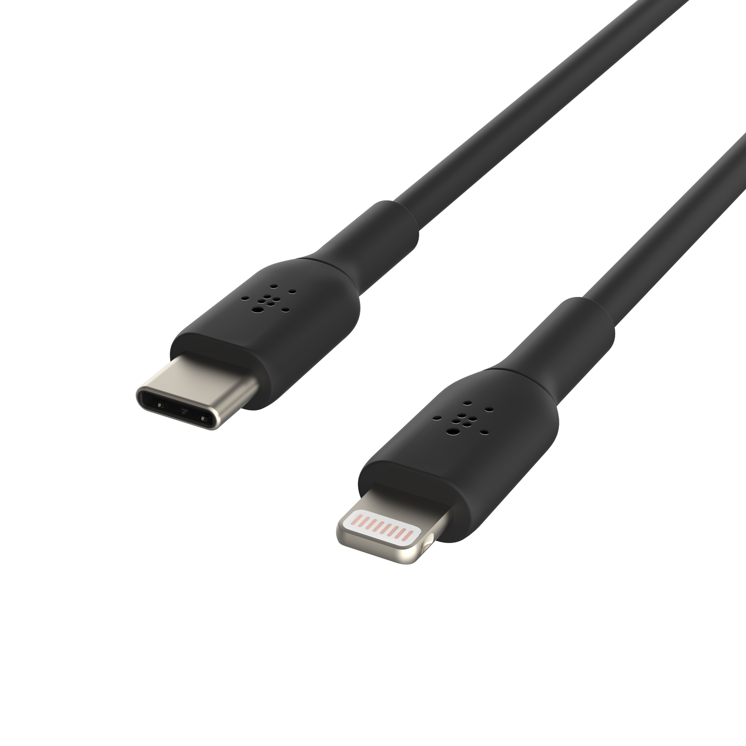 Black Belkin charging cable with USB-C and Lightning connectors. White background.